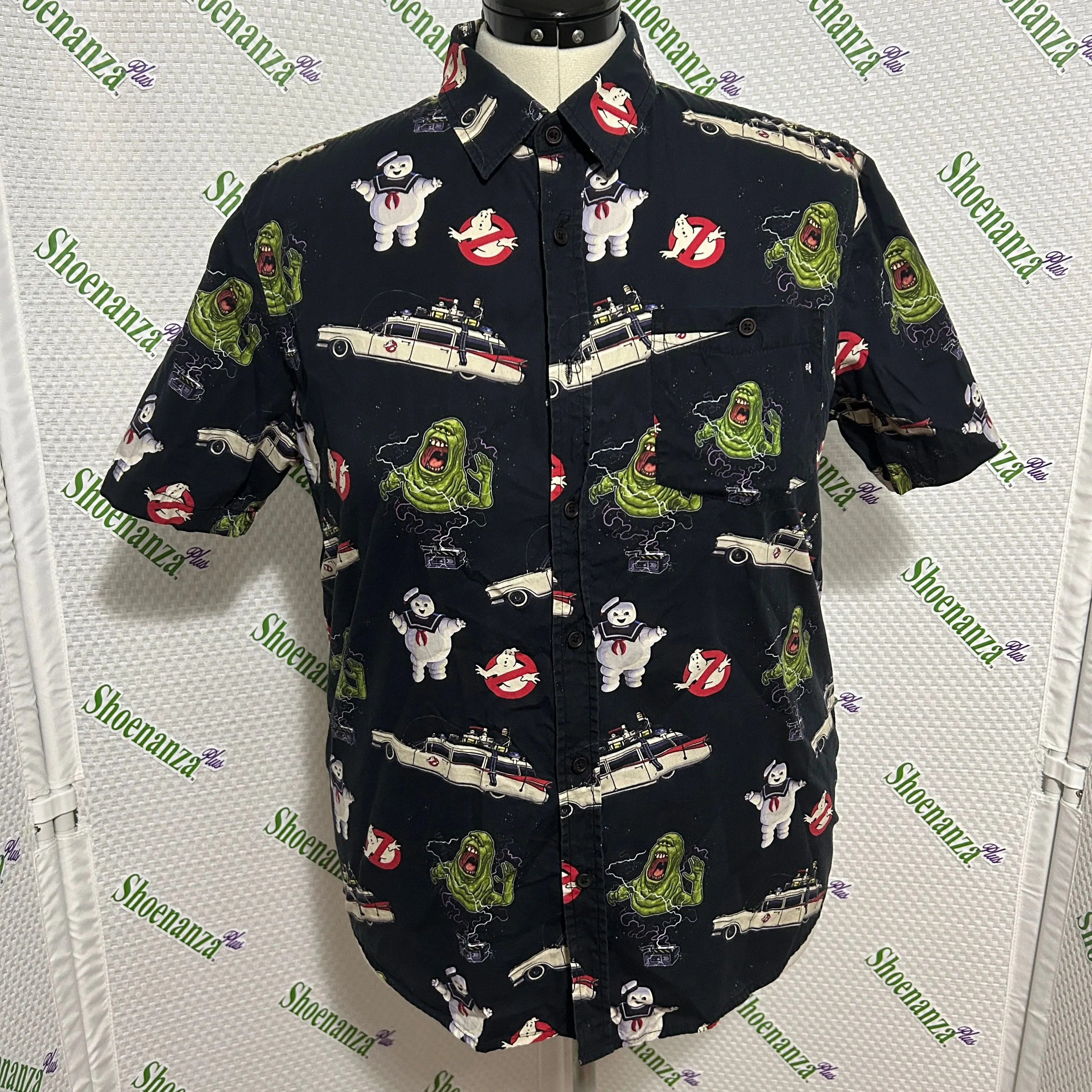 Product image for Middle Of Beyond Button Down Shirt Ghostbusters Slimer Marshmallow Man Mens L