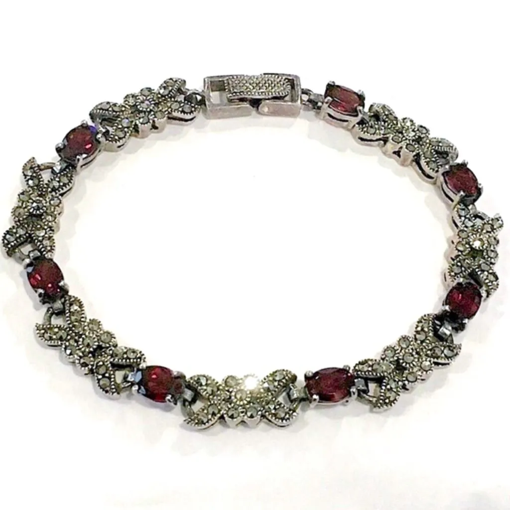 Product image for Red Garnet Sterling Silver Marcasite Vintage Bracelet
