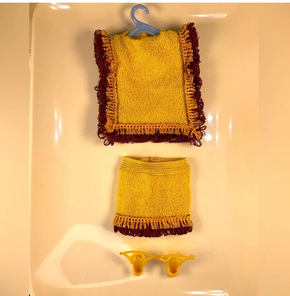 Product image for #92: Vintage Barbie Handmade Yellow & Brown Fringe Outfit with Matching Yellow Mattel Shoes
