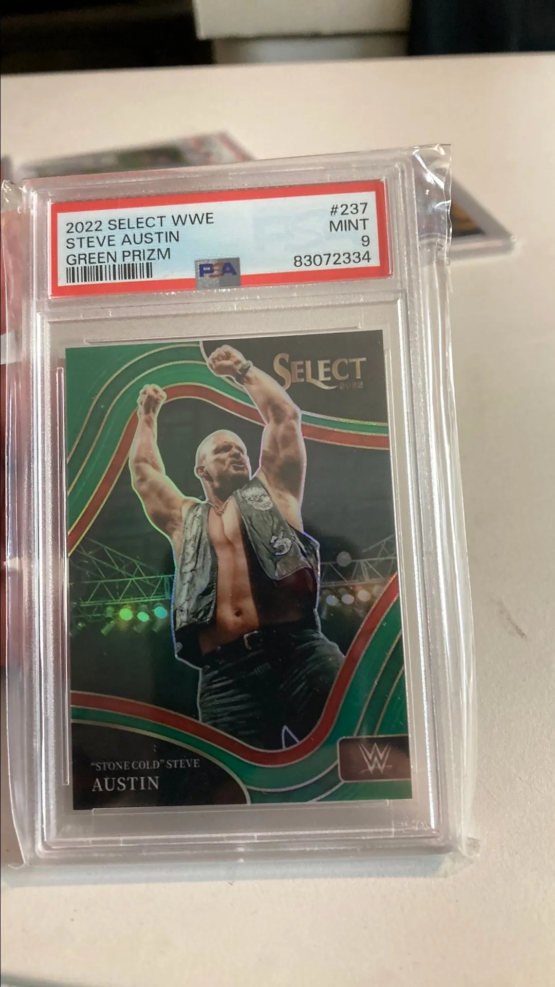 Product image for 2022 Panini Select Wwe Steve Austin Green Prizm PSA MINT 9