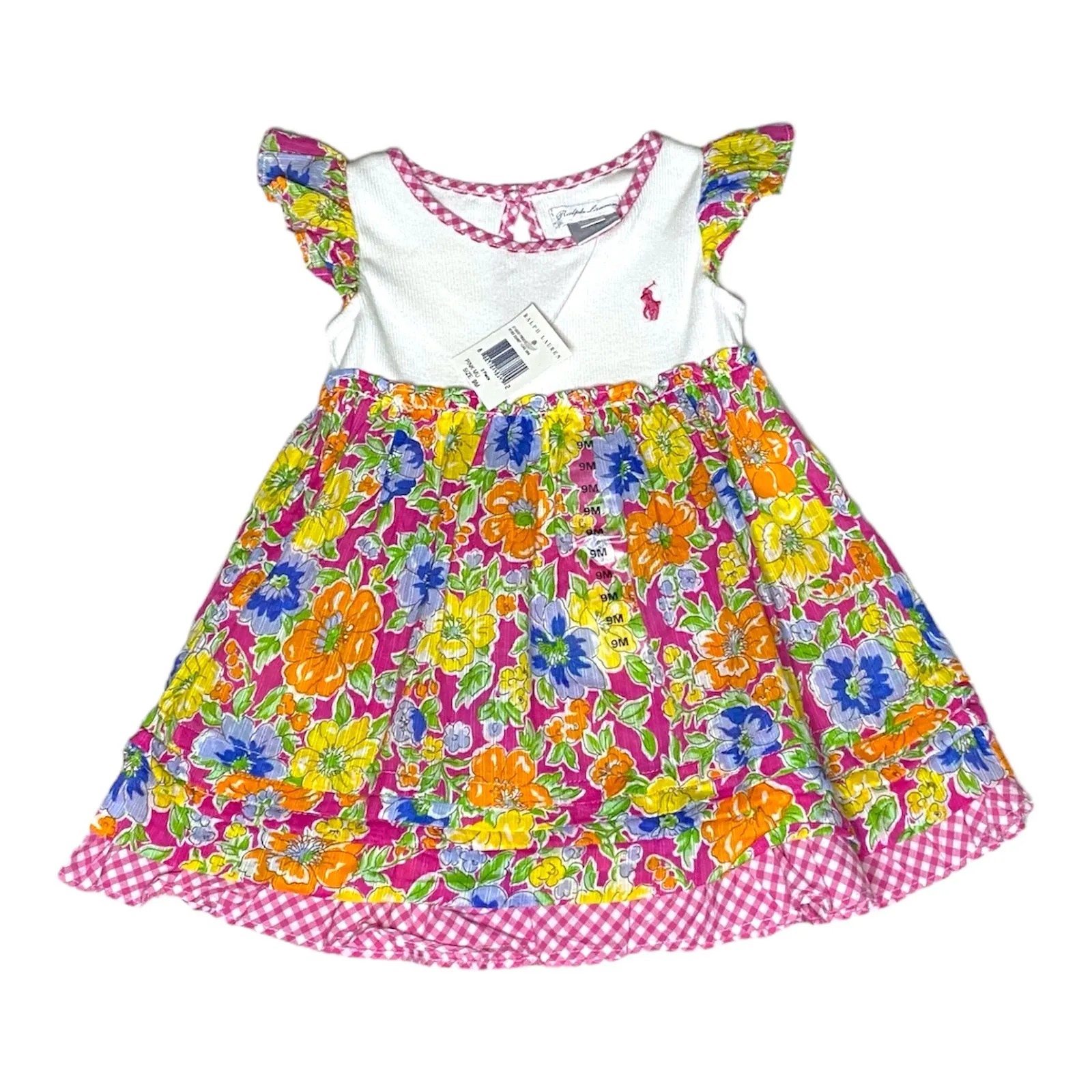 Product image for NEW Ralph Lauren Baby Girl Floral Gingham Flutter Sleeve Summer Dress Size 9M