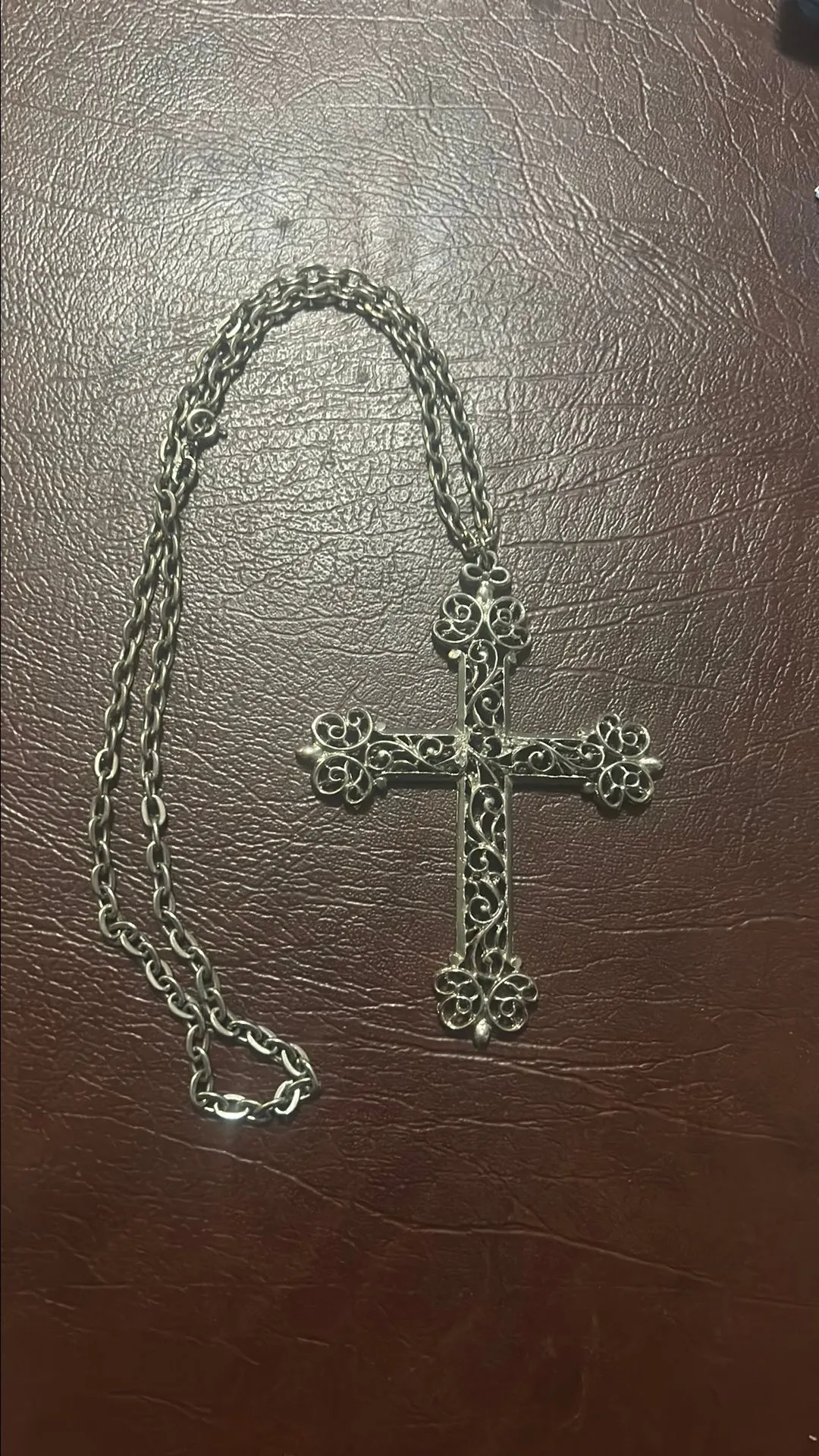Product image for #49 silver tone large Filigree Cross pendant with 24" chain