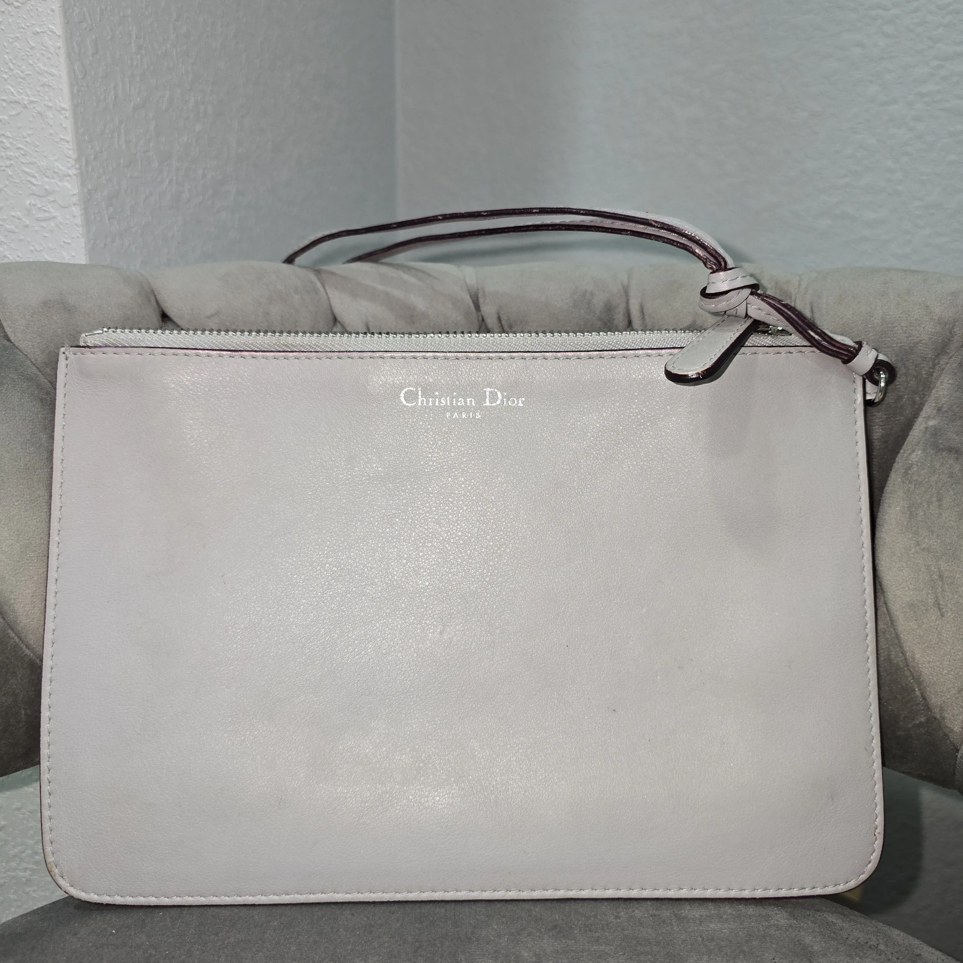 Product image for Christian Dior Diorissimo Pouch Gray Leather Clutch Evening Wrist Bag Handbag