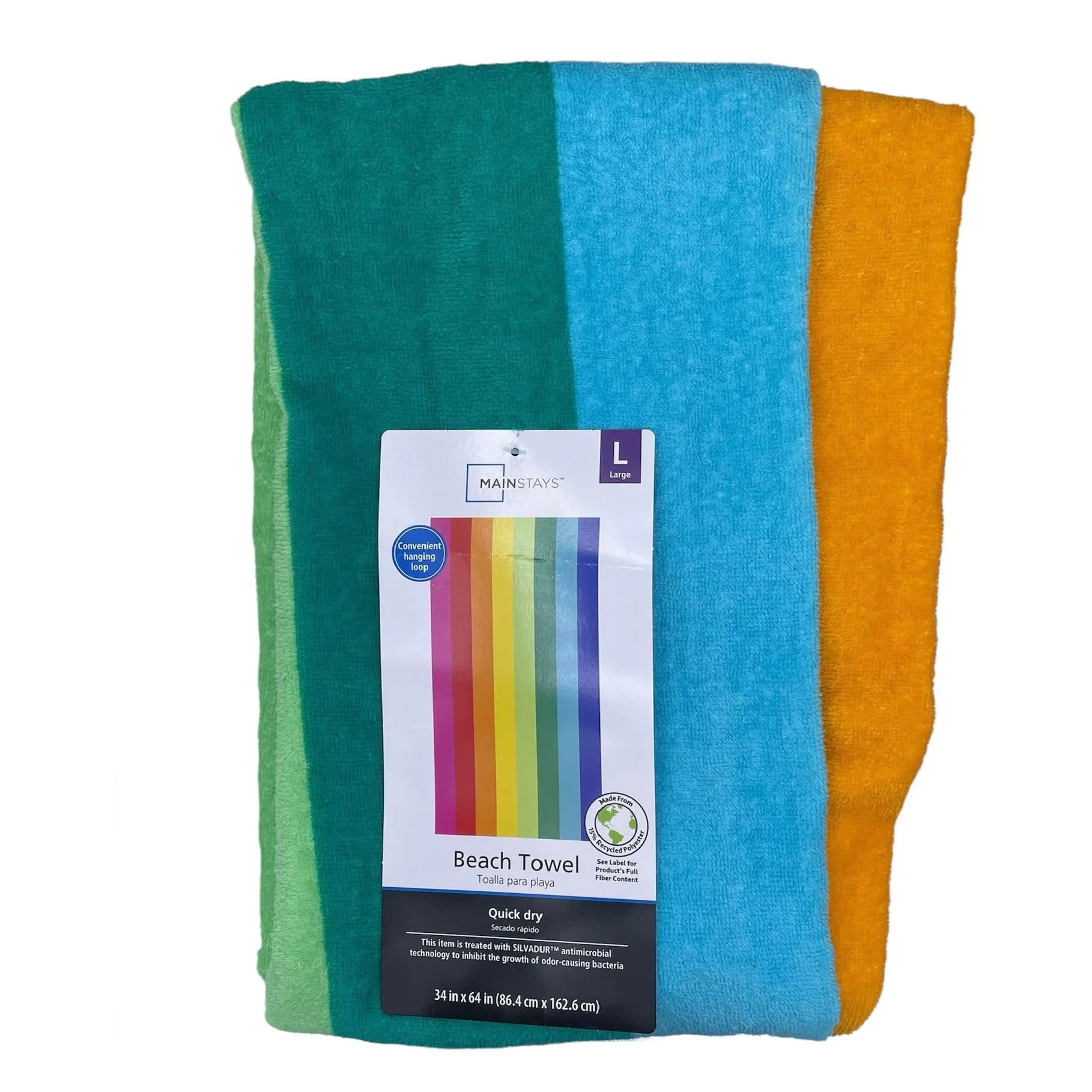 Product image for MAINSTAYS striped multicolor large beach towel quick dry 34”x64” hanging loop