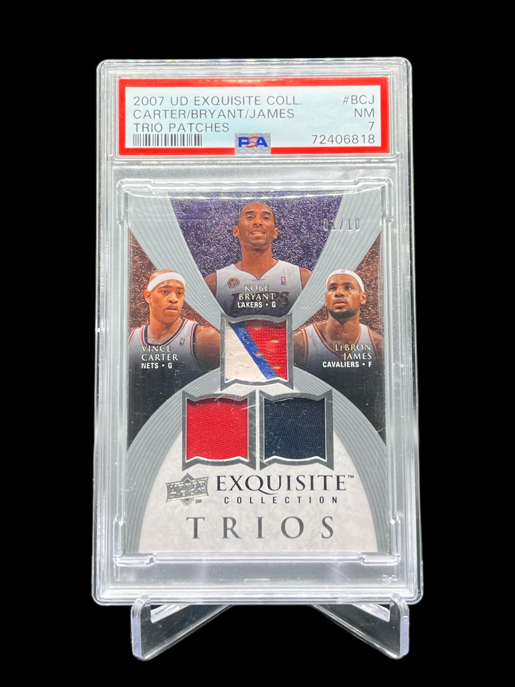 Product image for 2007-08 Upper Deck Exquisite Collection Kobe Bryant, Vince Carter, LeBron James Trio Patches #ET-BCJ Patch Card 01/10 PSA NM 7