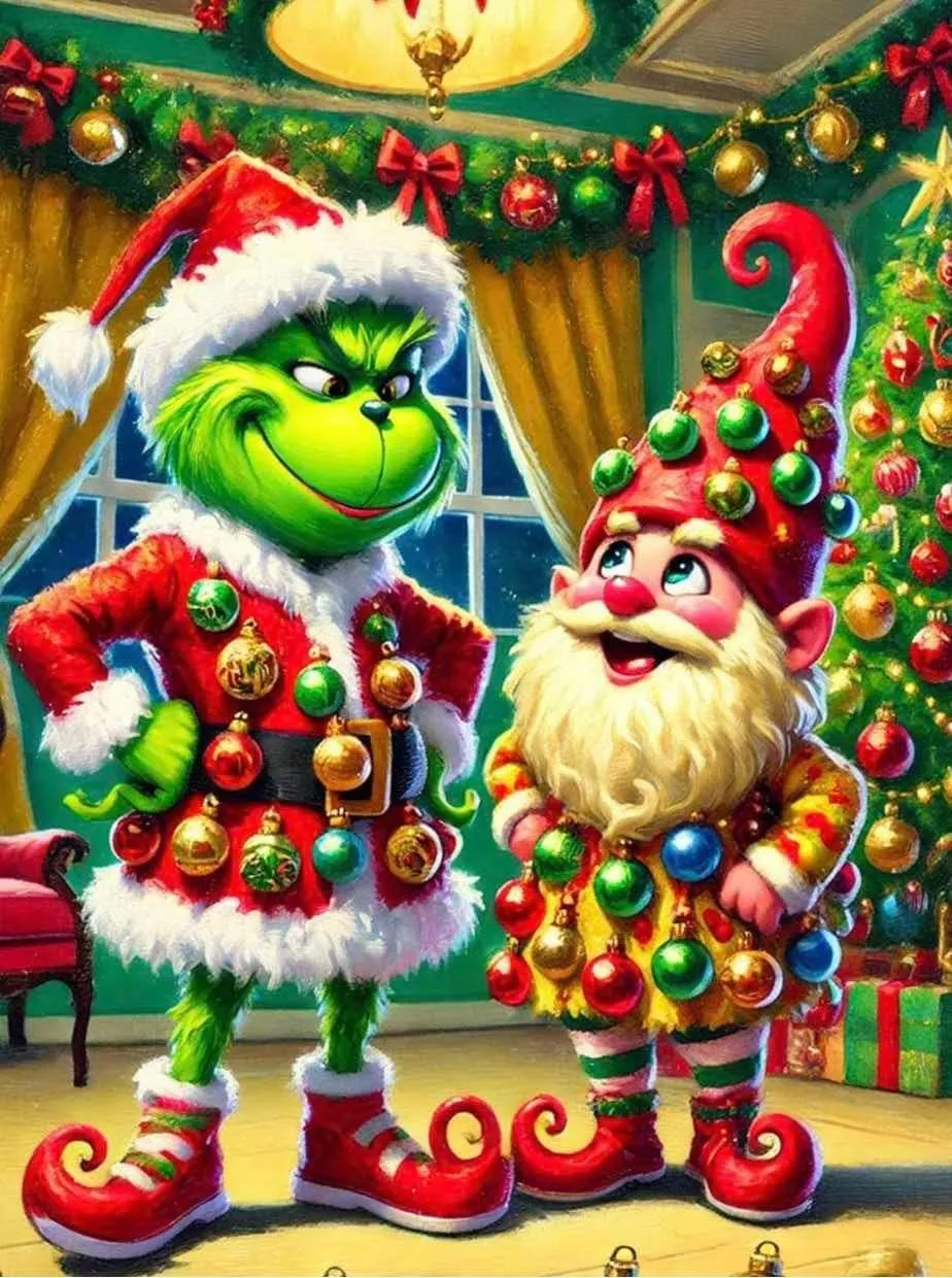 Product image for Grinch and Santa with Ornaments Full Drill Diamond Painting Art Kit 30x40