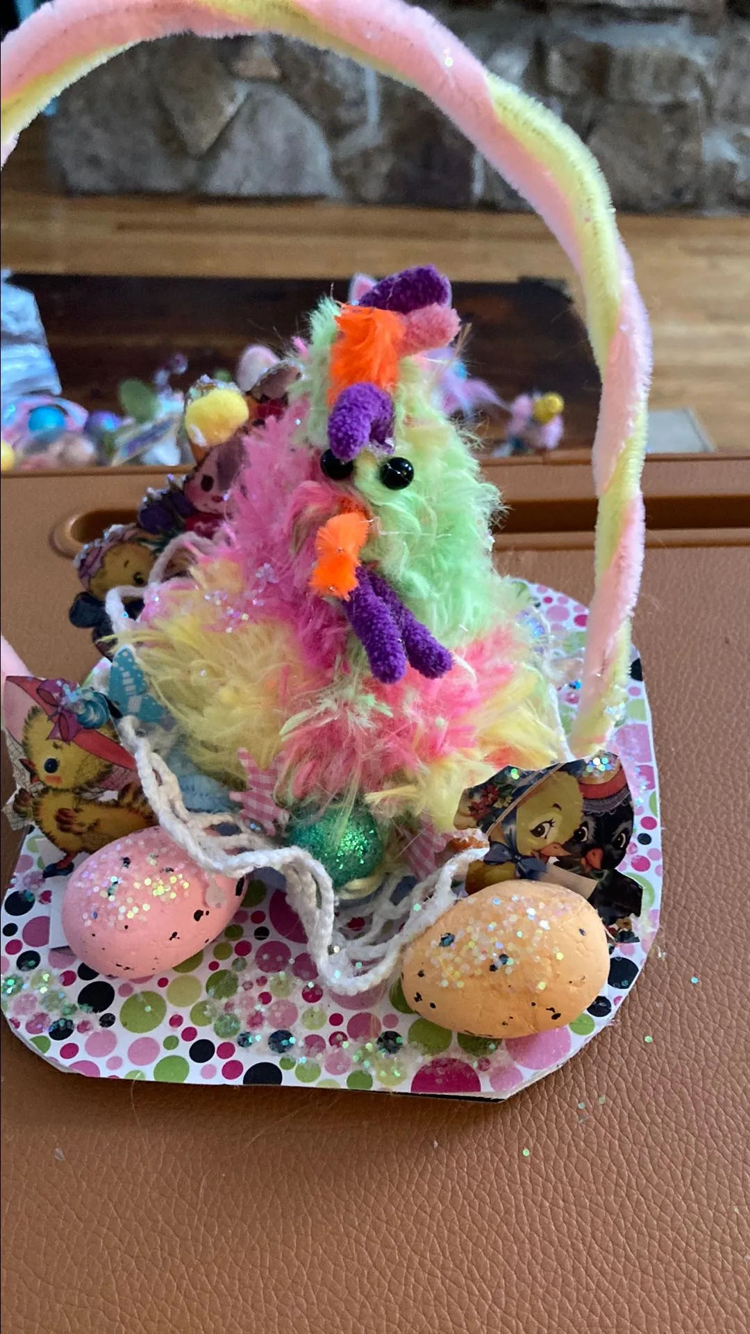 Product image for Handmade chicken on doily basket with chicks eggs more