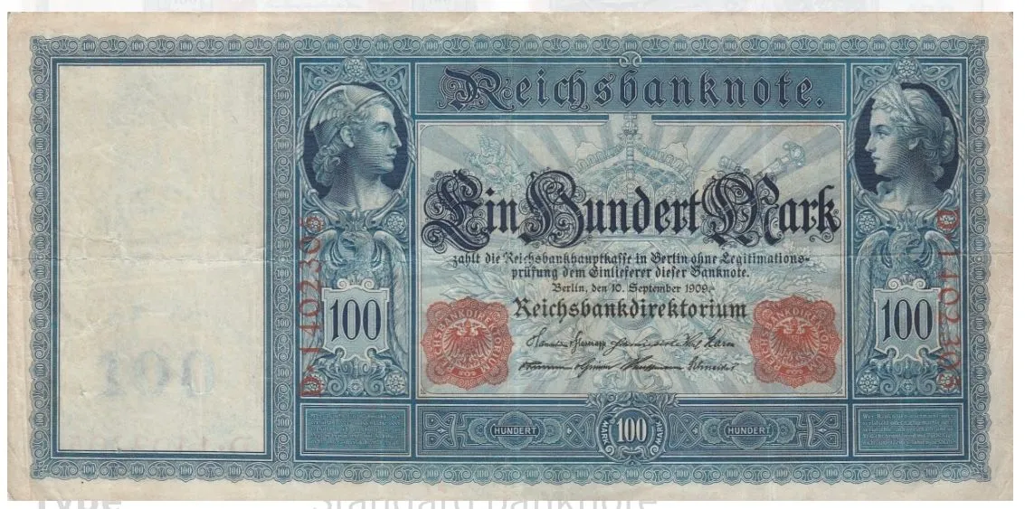 Product image for Germany 100 Mark, 1910, Circulated (G)-(VF) Condition, Reichsbanknote; red seals