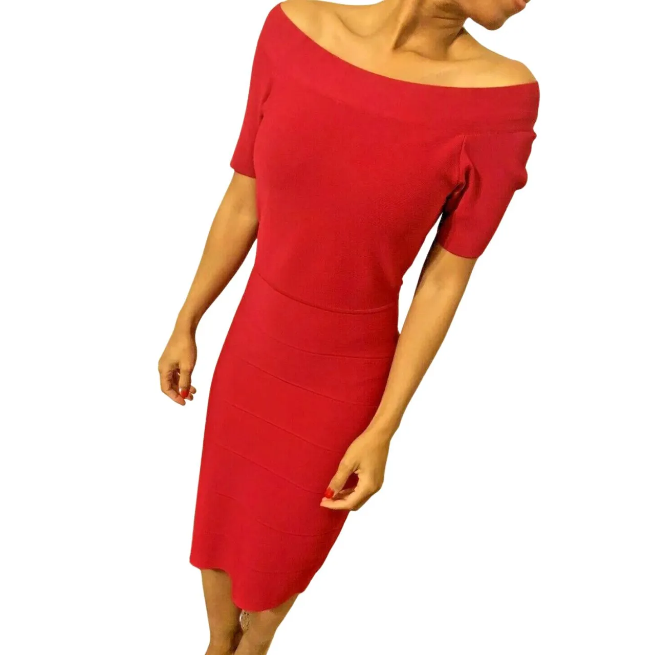Product image for BCBG MaxAzria Red Bandeau Off The Shoulder Women's Dress Small Zip Up Mid Length