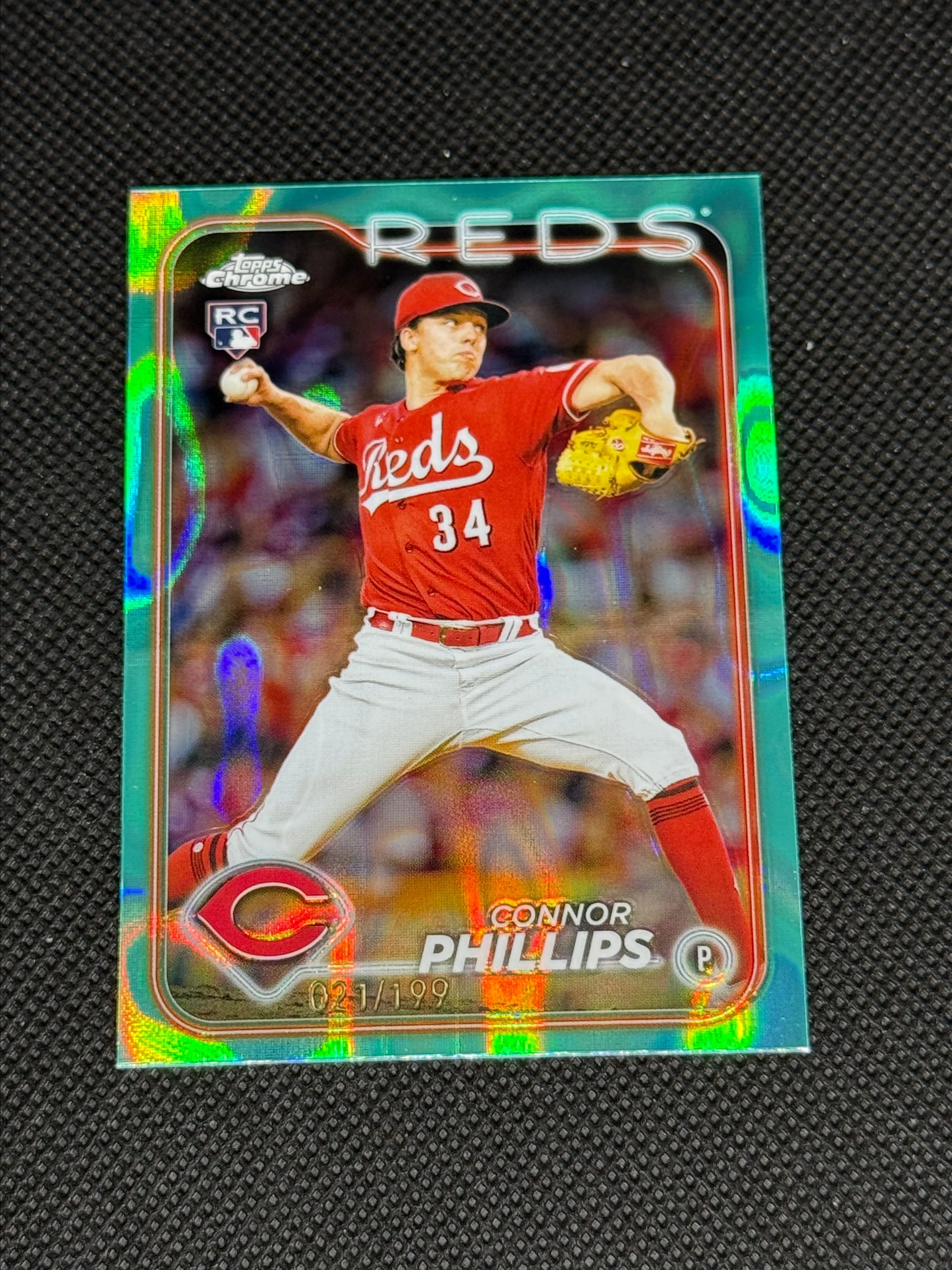 Product image for #36 2024 Topps Chrome Connor Phillips Aqua Wave RC 021/199 Cincinnati Reds