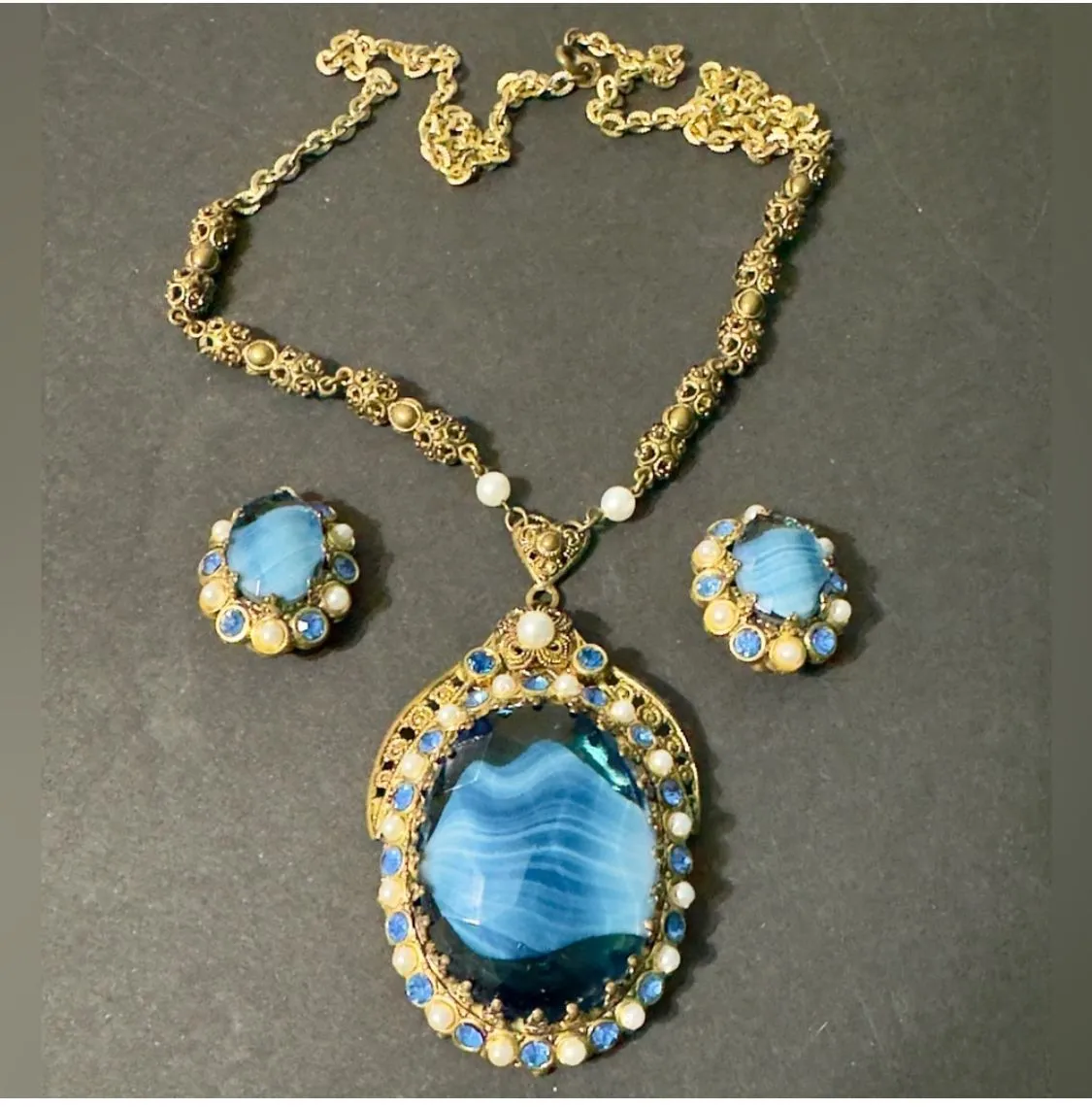 Product image for Signed W. Germany Demi Necklace and Earrings Set Czech Glass Center Vintage