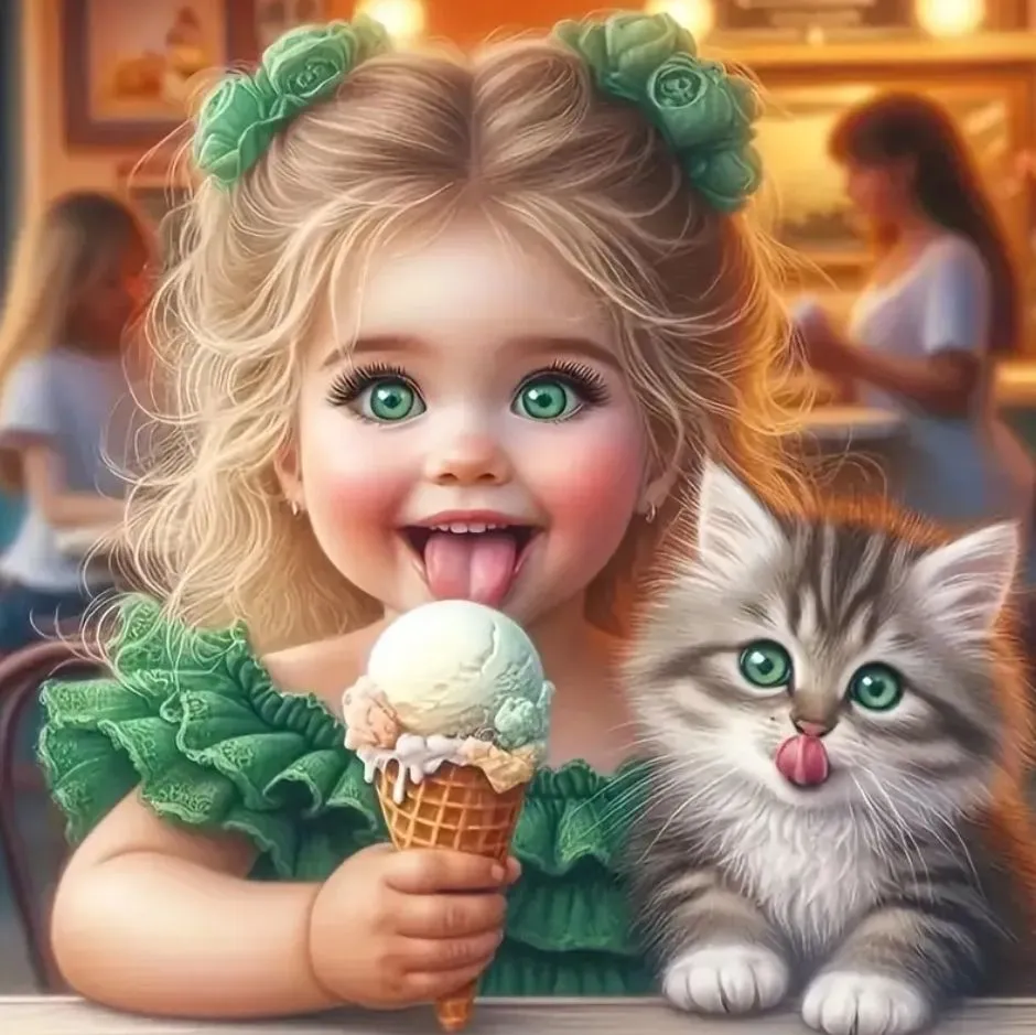 Product image for #274 Girl with her Kitten and Ice Cream 20cm X 20cm Diamond Painting Art Kit
