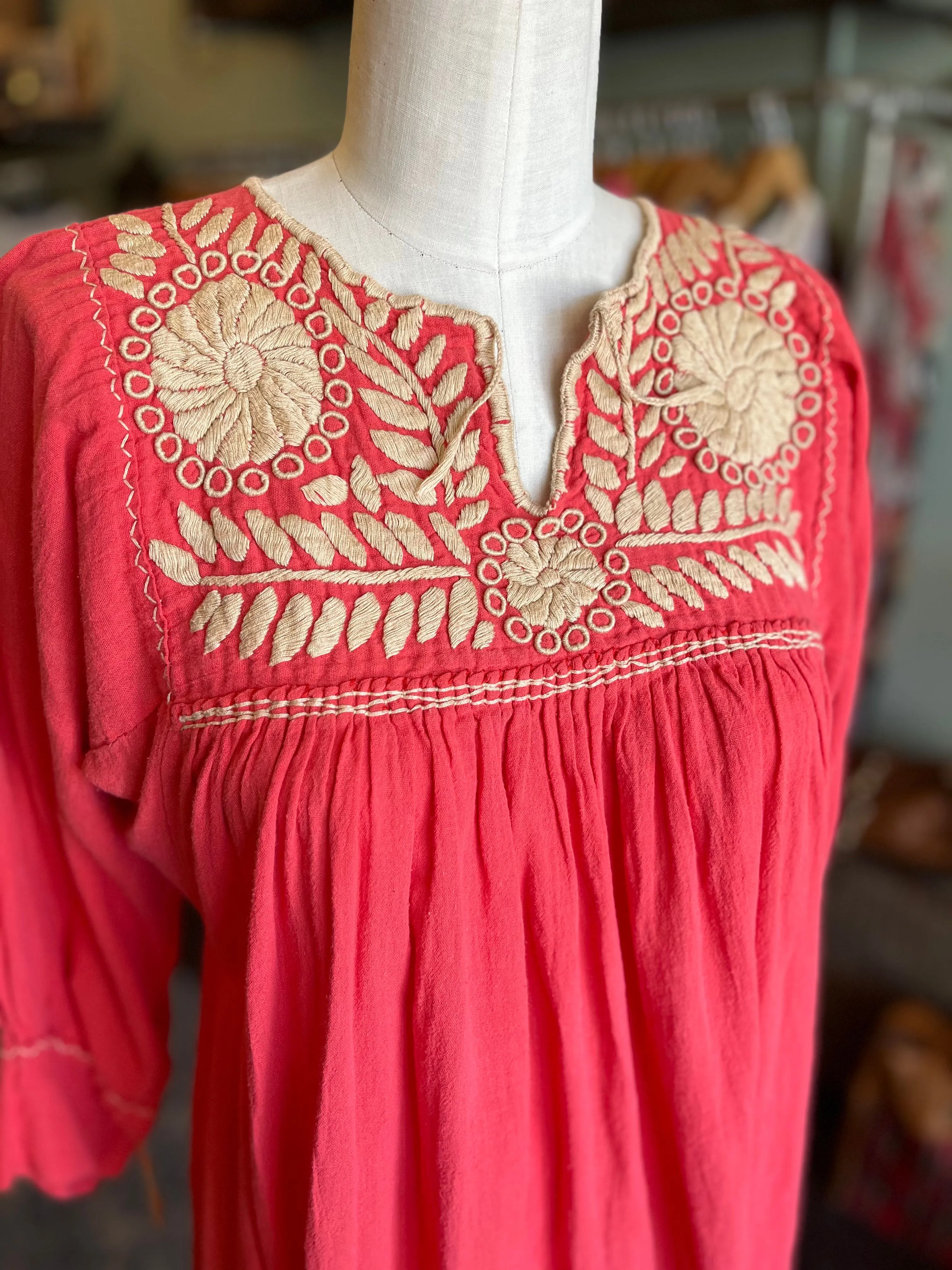 Product image for Coral cotton gauze boho shirt embroidered