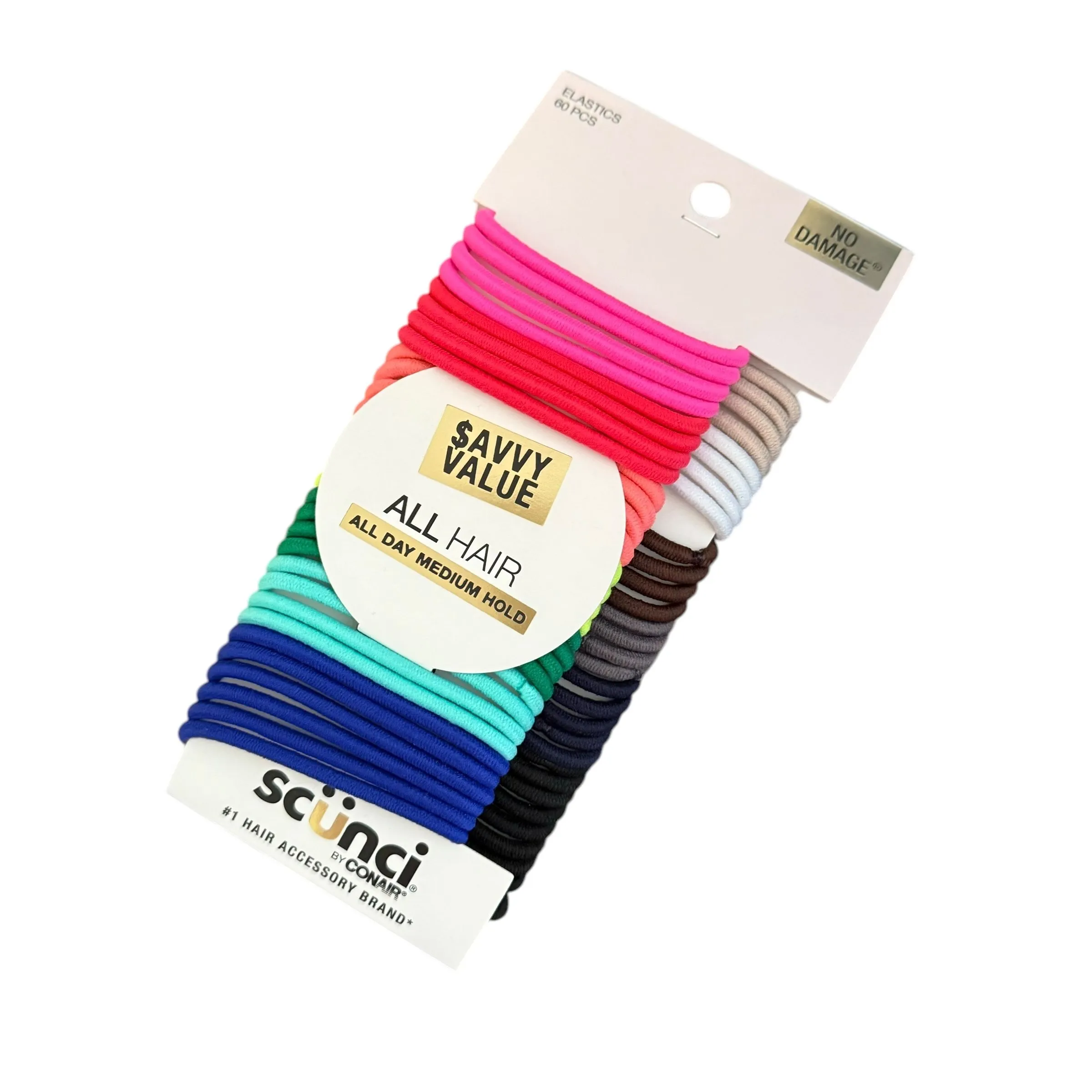 Product image for BIN: Scunci No Damage Medium Hold Hair Elastics Assorted Colors 60 pcs