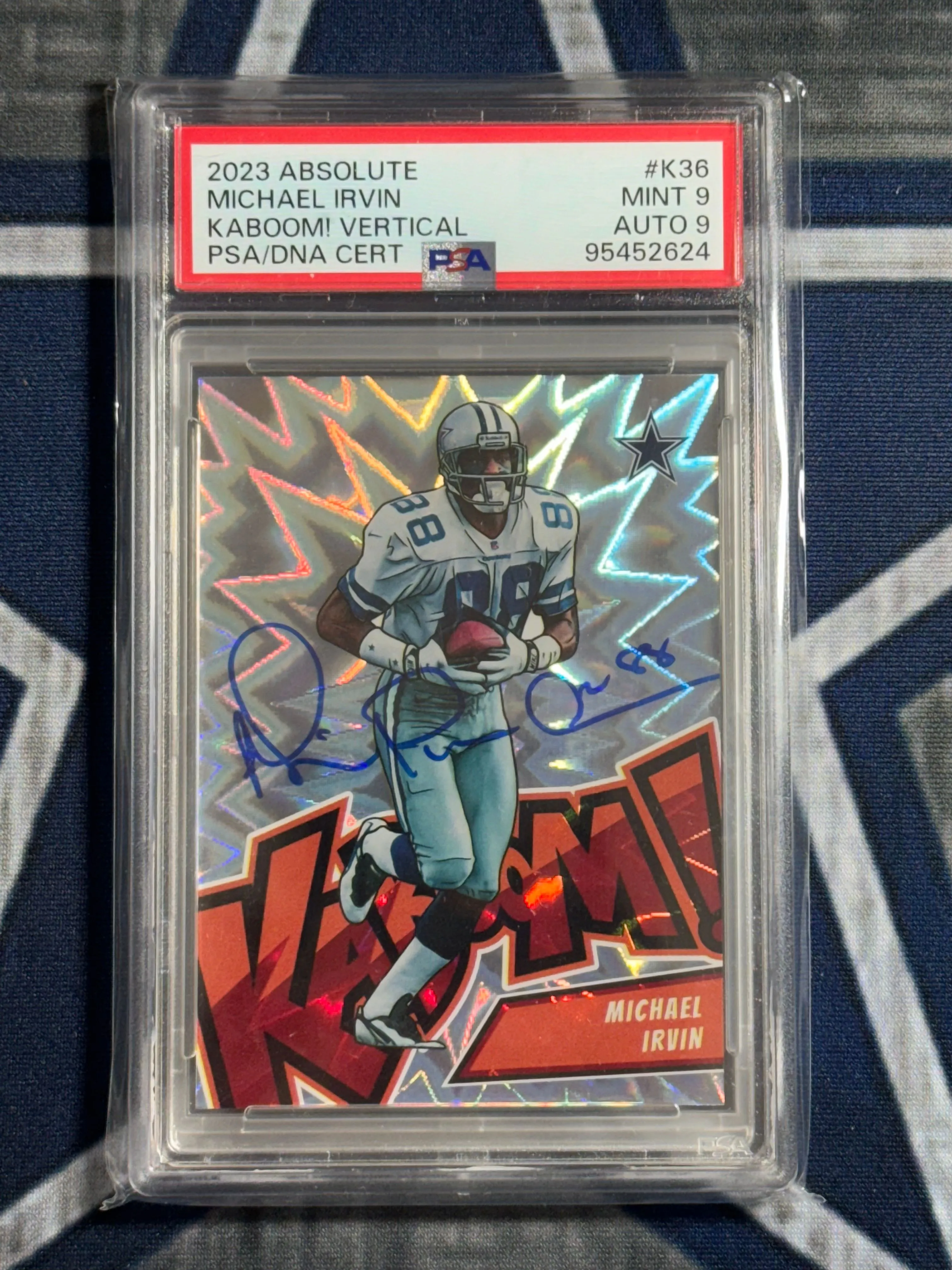 Product image for 2023 Panini Absolute Kaboom! Vertical Michael Irvin K36  PSA MINT 9