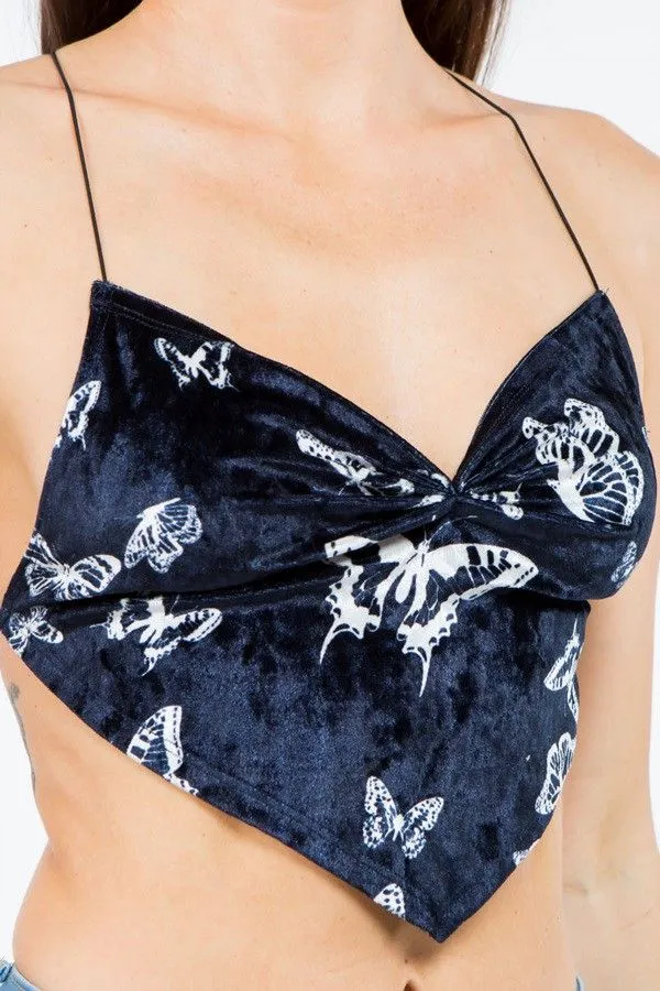 Product image for LARGE Butterfly Velvet Handkerchief Cross Back Crop Top