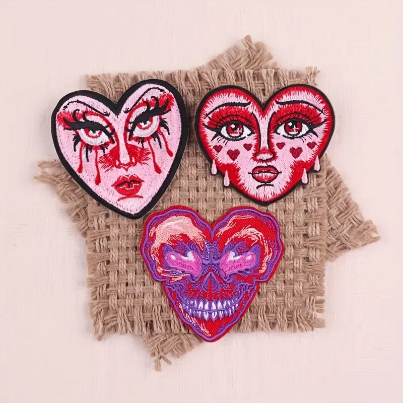 Product image for 3 PCS Face Heart Patches punk Embroidered Iron-On Patches, gothic style, DIY