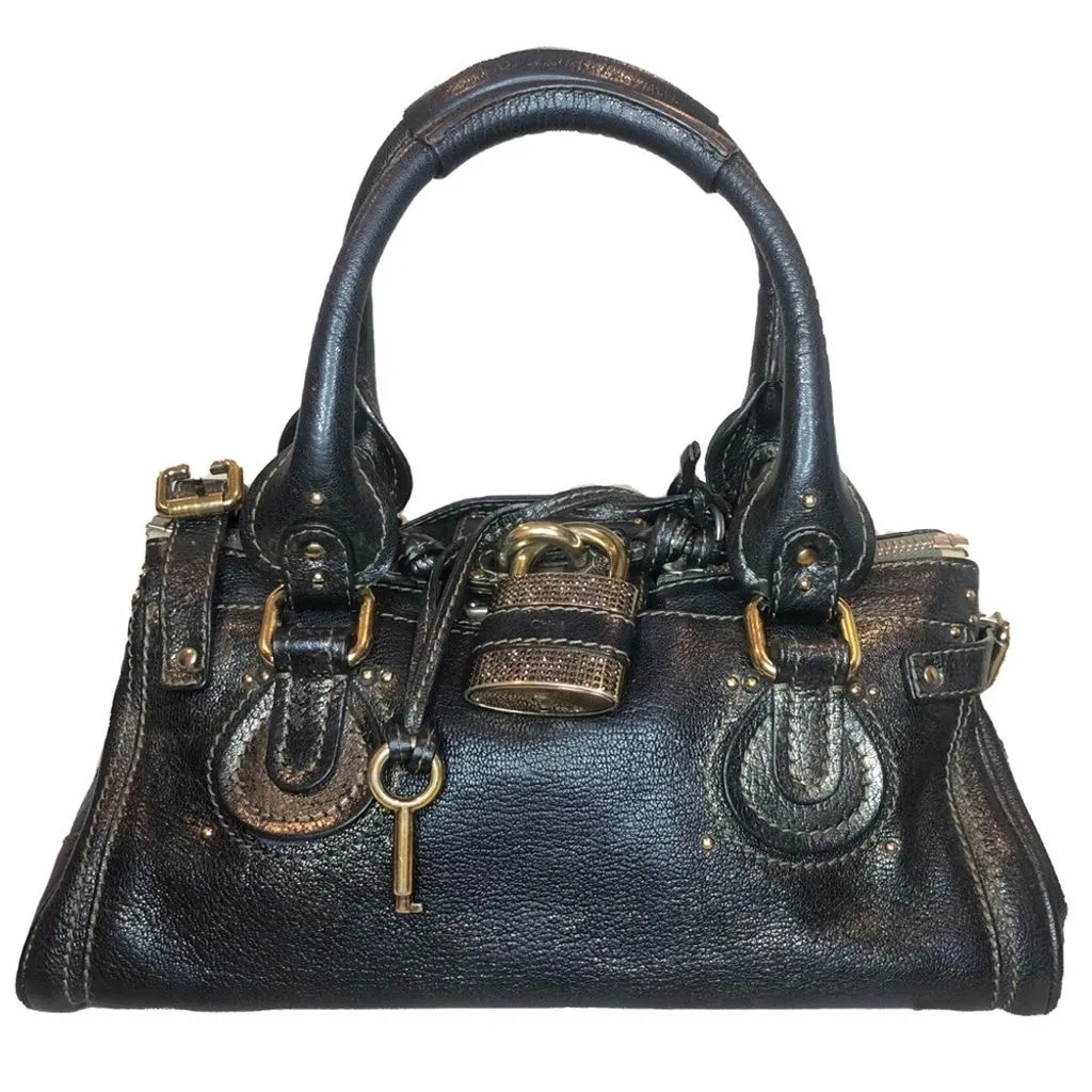 Product image for CHLOE Paddington Black Leather Bag with Crystal Lock and Key, COA, Dust Bag
