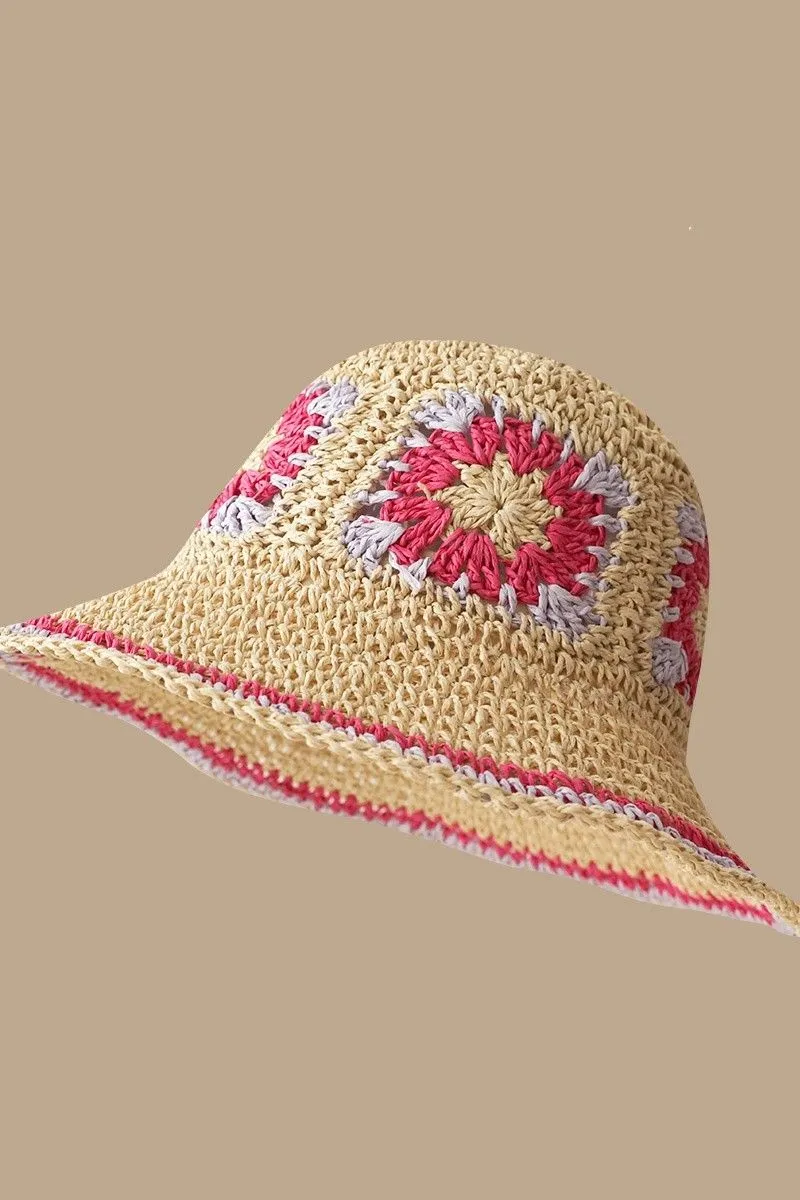 Product image for Lace Raffia Wide Brim Beach Sunshade Hat Granny Square Crochet