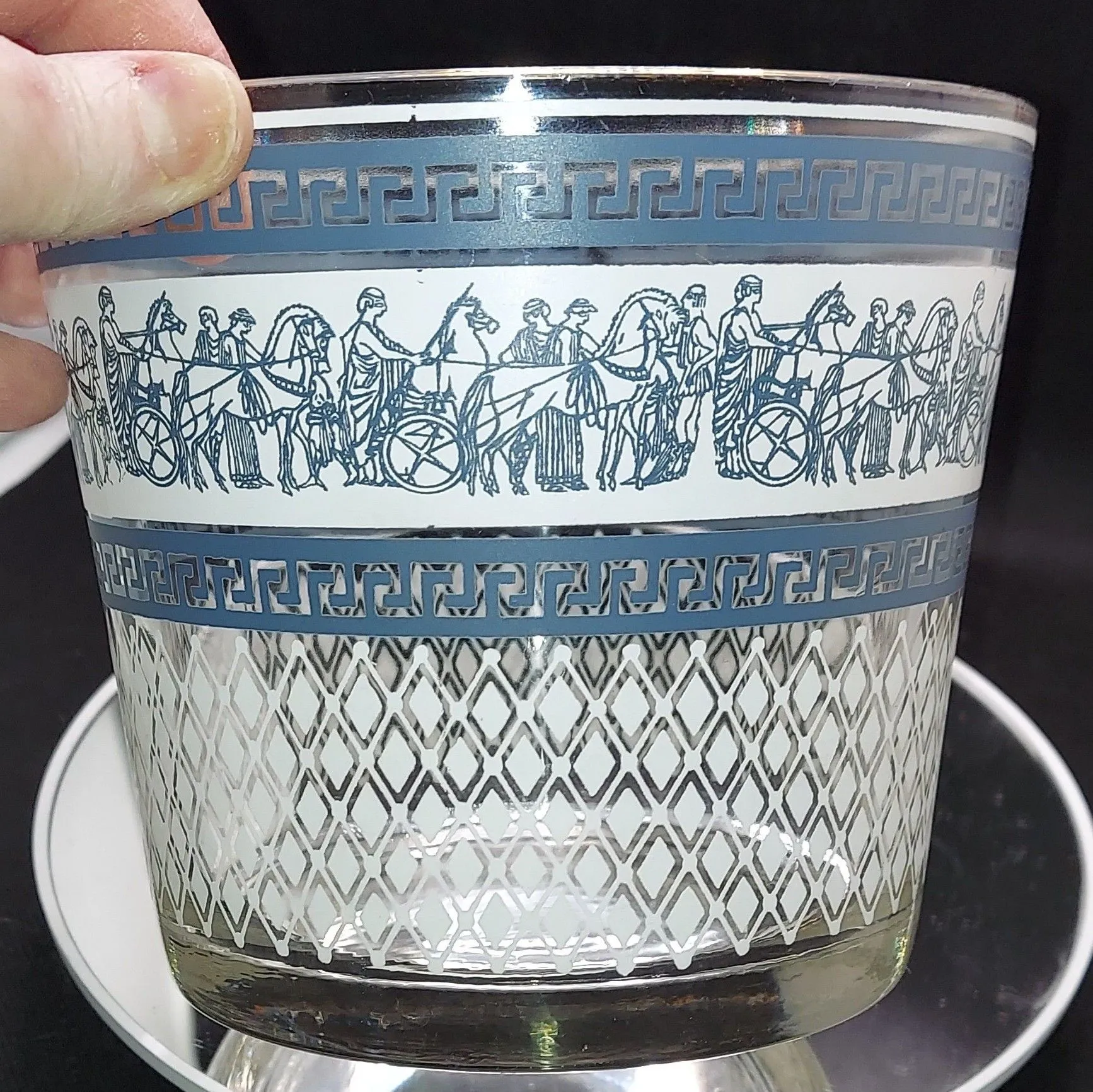 Product image for Vintage Glass Ice Bucket Wedgwood Blue White Greek Roman Warriors Chariot Horses