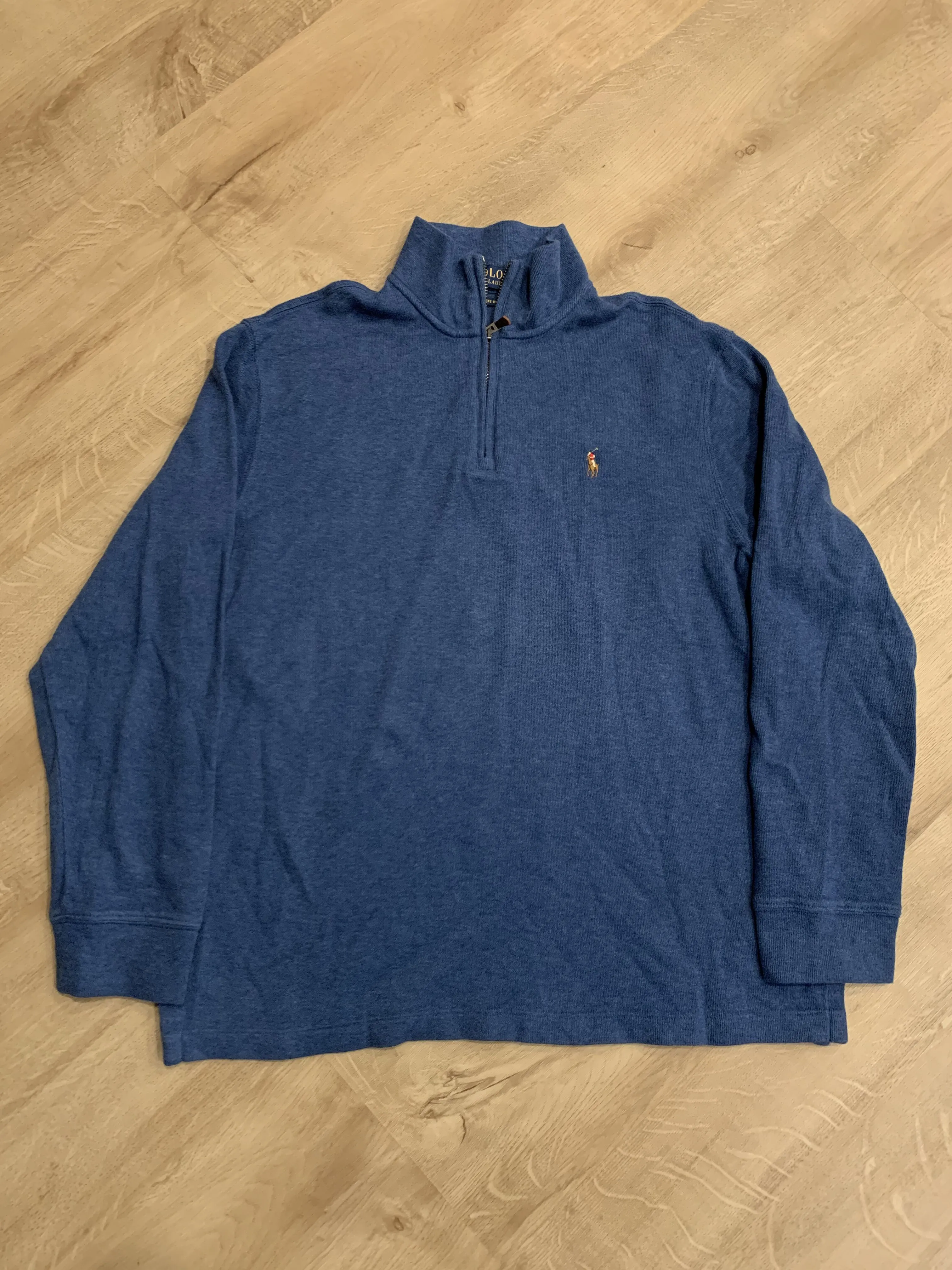 Product image for Polo Ralph Lauren Sweater Mens Medium M Blue Estate Rib 1/4 Quarter Zip Flesh Pony Preppy Pullover