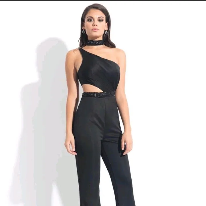 Product image for Black jumpsuit by Rachel Allen in size 8.  Does not have the choker, MSRP $338