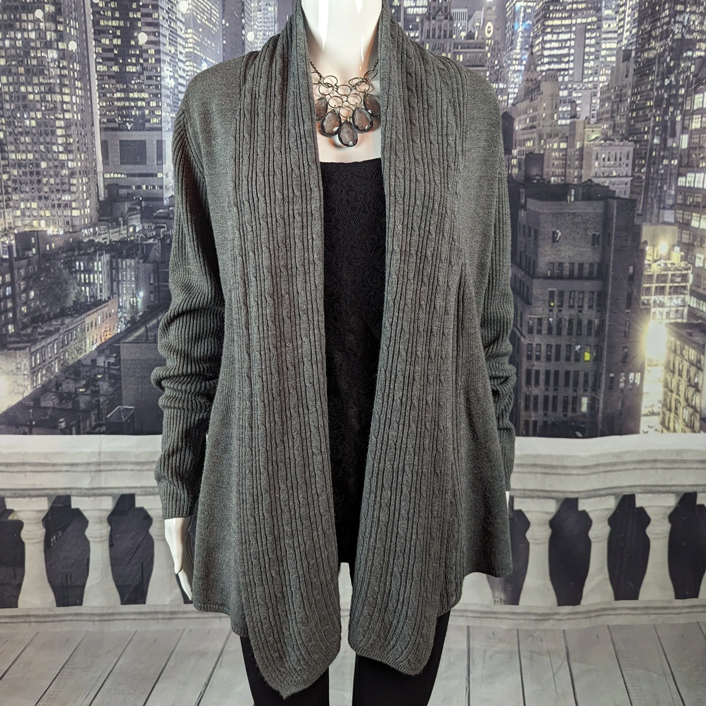 Product image for Karen Scott sz M Draping Charcoal Heather Gray Long Sleeve Cardigan Sweater