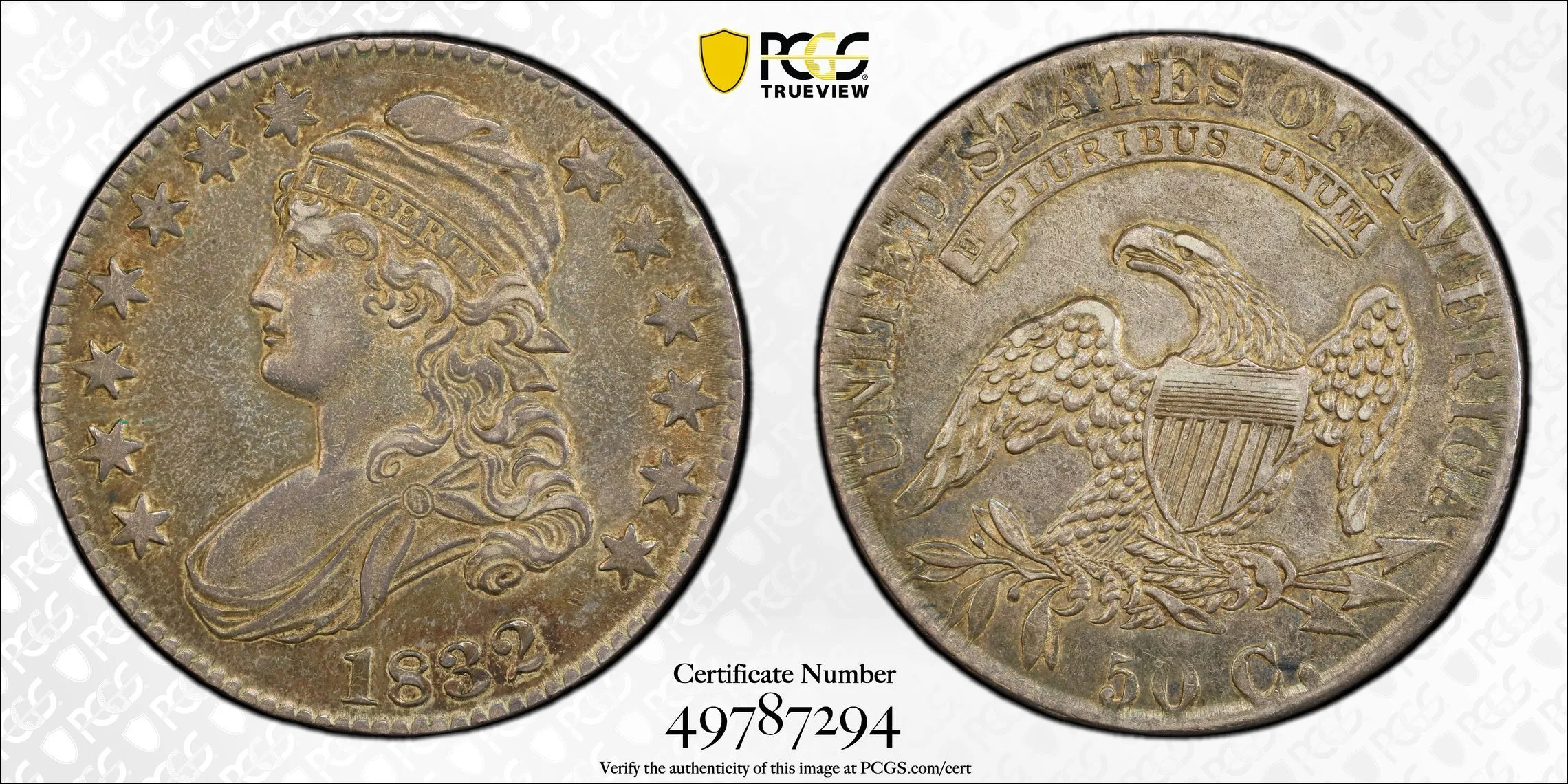 Product image for 1832 CAPPED BUST HALF DOLLAR 50C PCGS AU 53 SMALL LETTERS