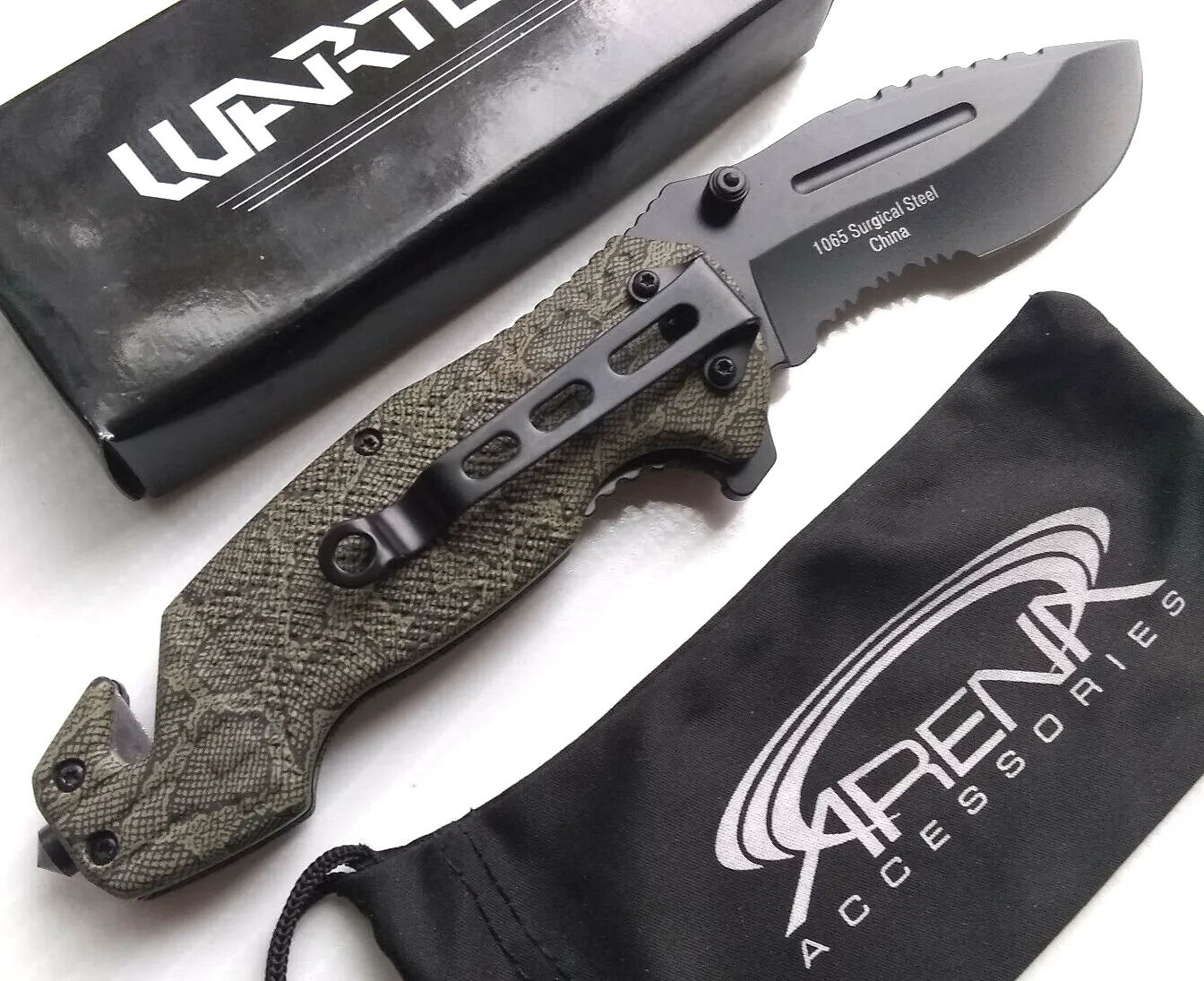 Product image for Snake Skin Green Spring Assisted Pocket Knife EDC Serrated Flipper