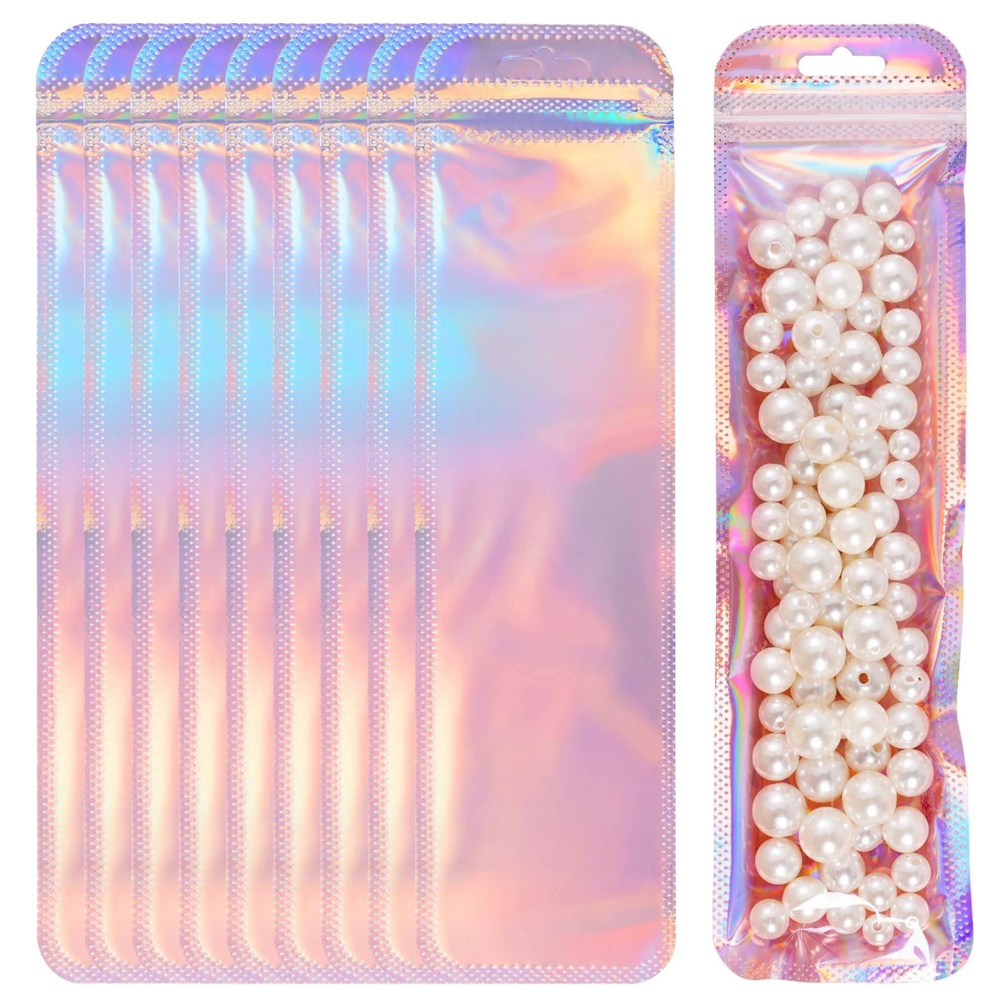 Product image for CRAFTS: 50pcs Pen Packaging Bags, Resealable Ziplock Storage Bags - 2.4" x 9" Pink/Silver Holographi