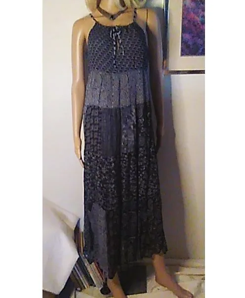 Product image for Dress Young Threads S-M Maxi Overdyed Black Patchwork Print Lined Casual Or Dressy NWT