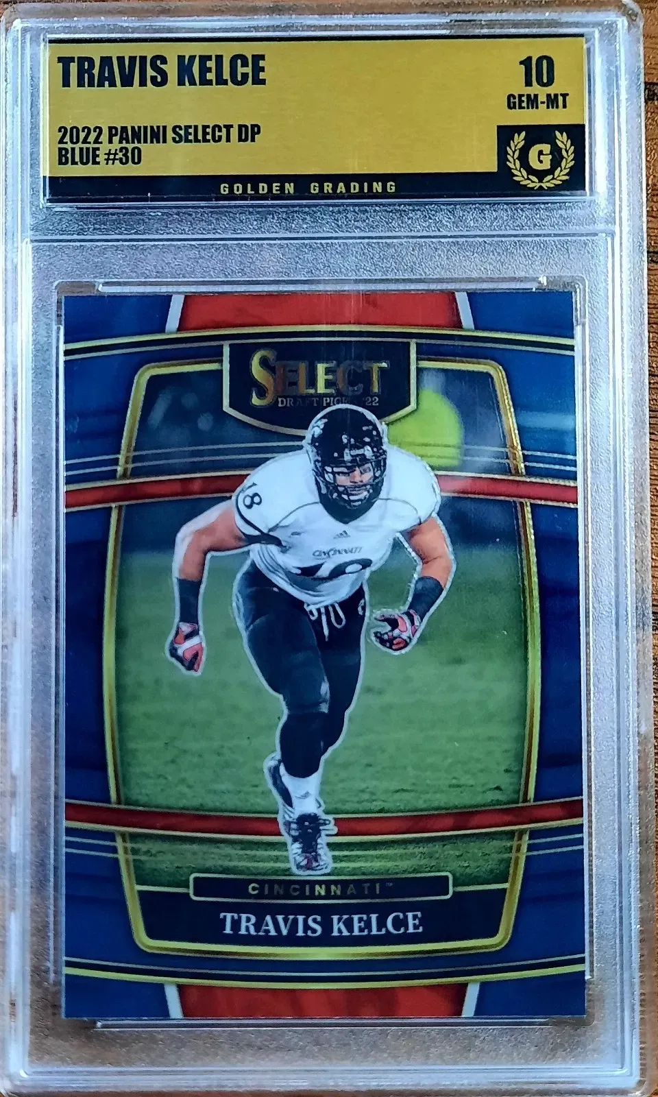 Product image for Travis Kelce 2022 Panini Select Draft Picks DP Concourse #30 Retail Blue Golden Grading (GG) 10 Gem Mint