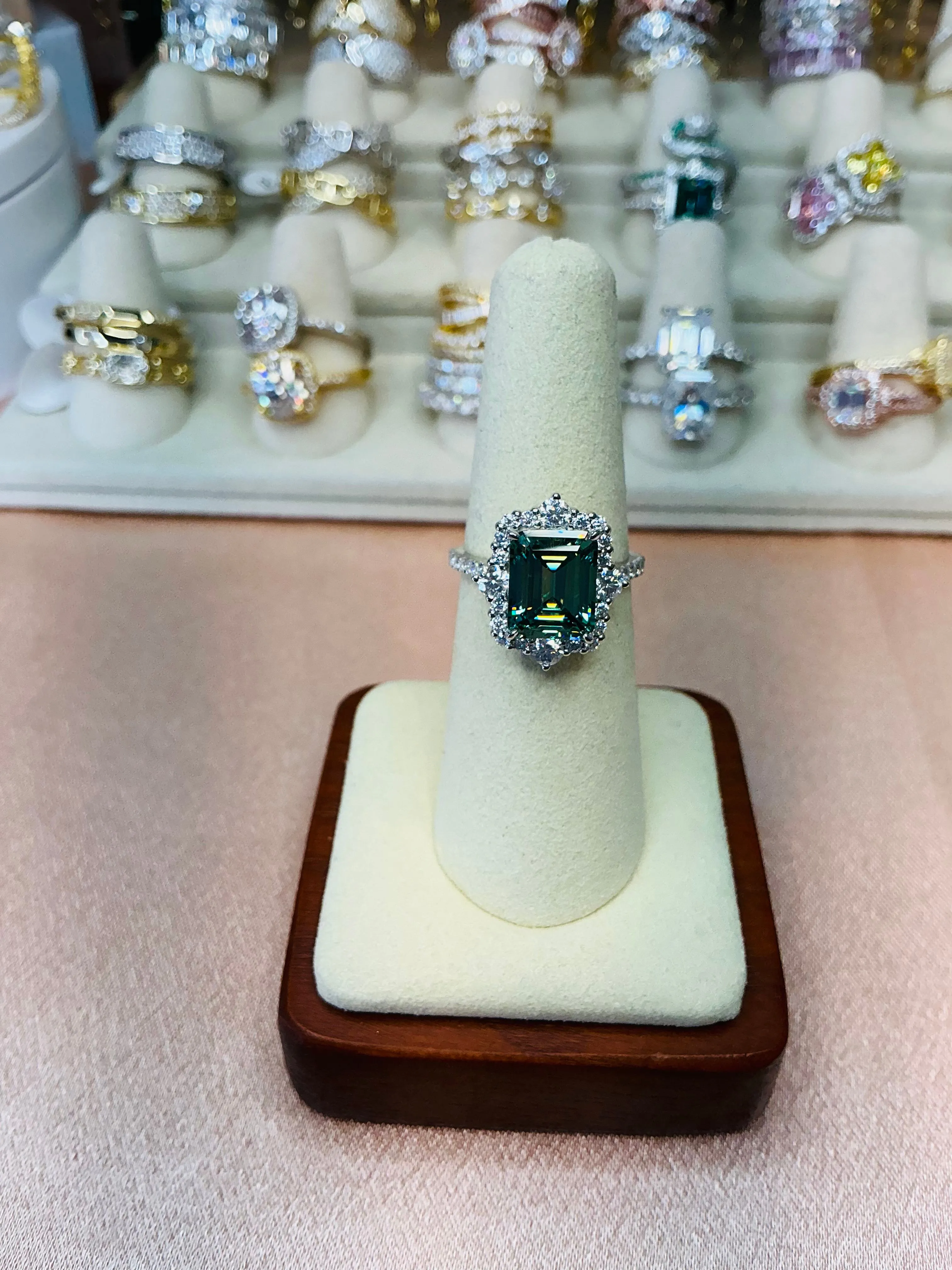Product image for Emerald cut moissanite ring cyan green