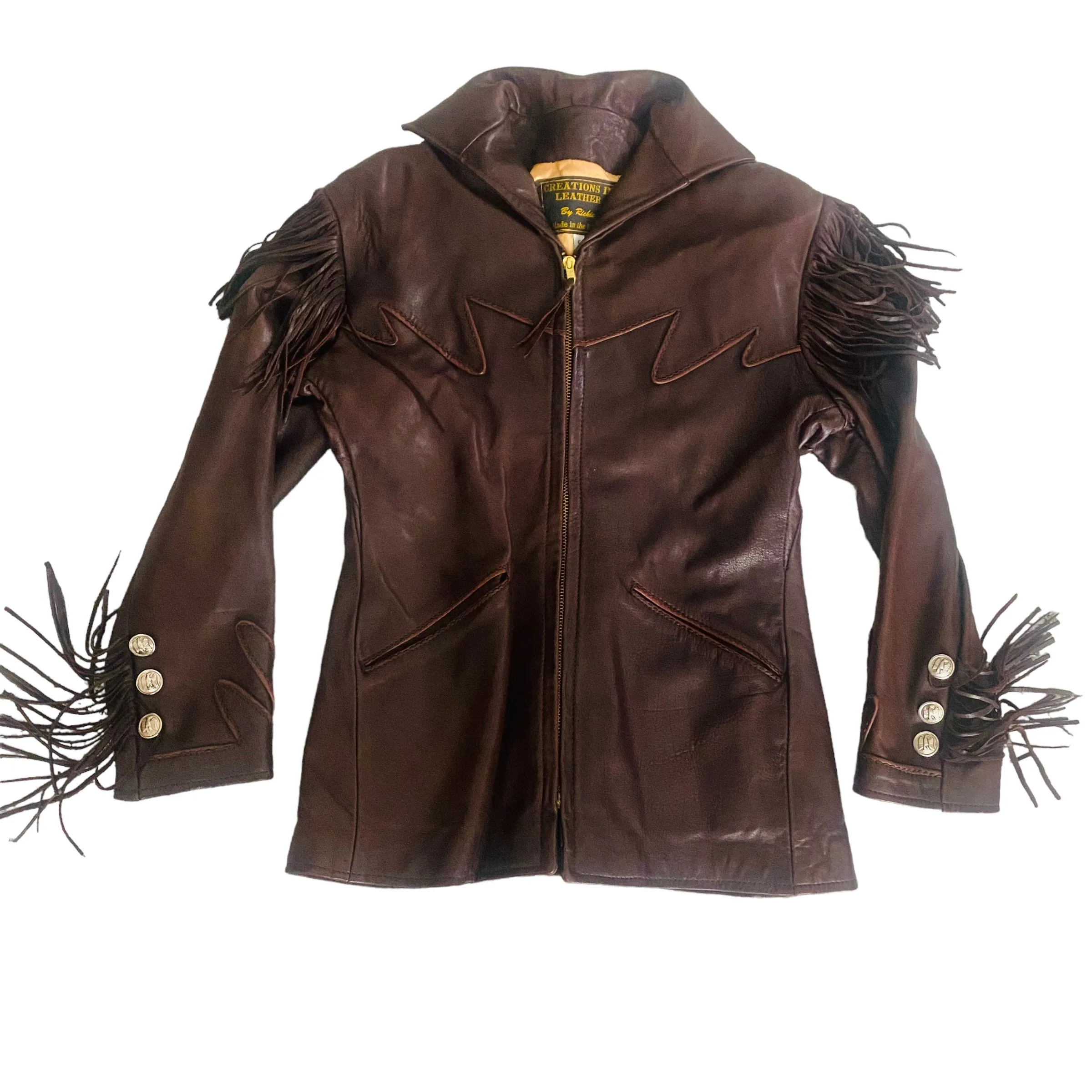 Product image for Creations in Leather Chocolate Brown Fringe Leather Jacket Sz S MSRP $700+ MY23