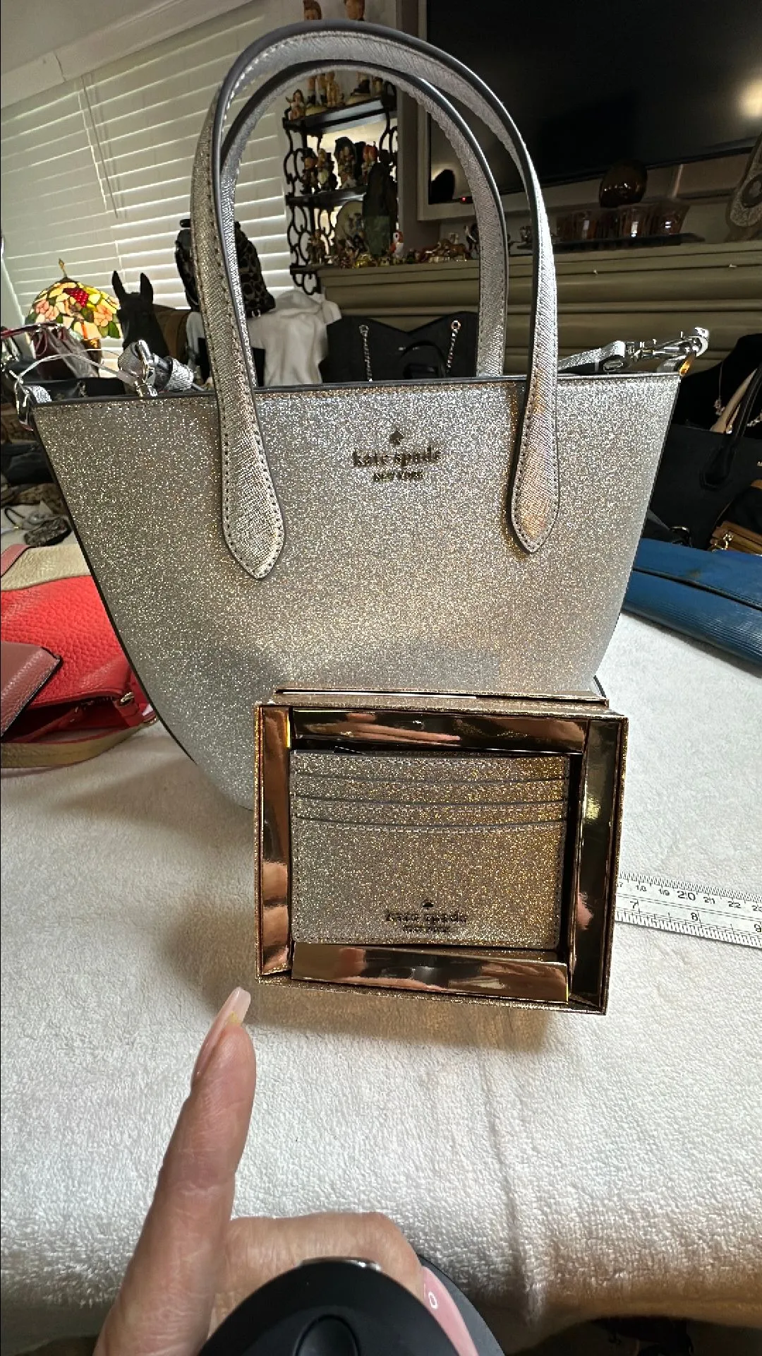 Product image for Kate Spade purse and card holder, silver metallic glitter