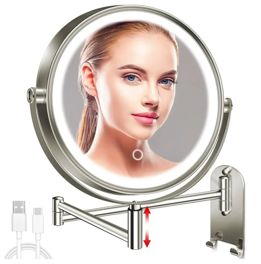 Product image for 9" Wall Mounted Lighted Makeup Mirror, 3000mAh Rechargeable Double Sided 1X/10X Magnifying Mirror wi