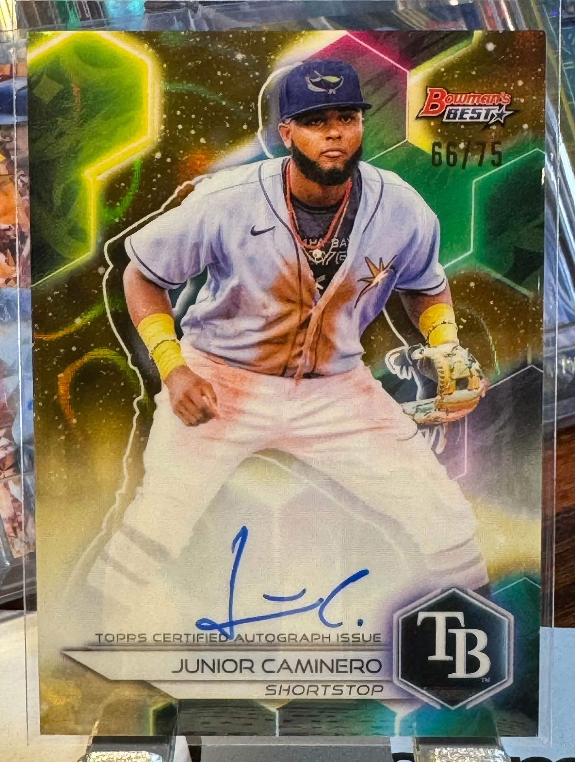 Product image for Junior Caminero 2023 Bowman's Best AUTO Prospect GOLD Lava REFRACTOR /75