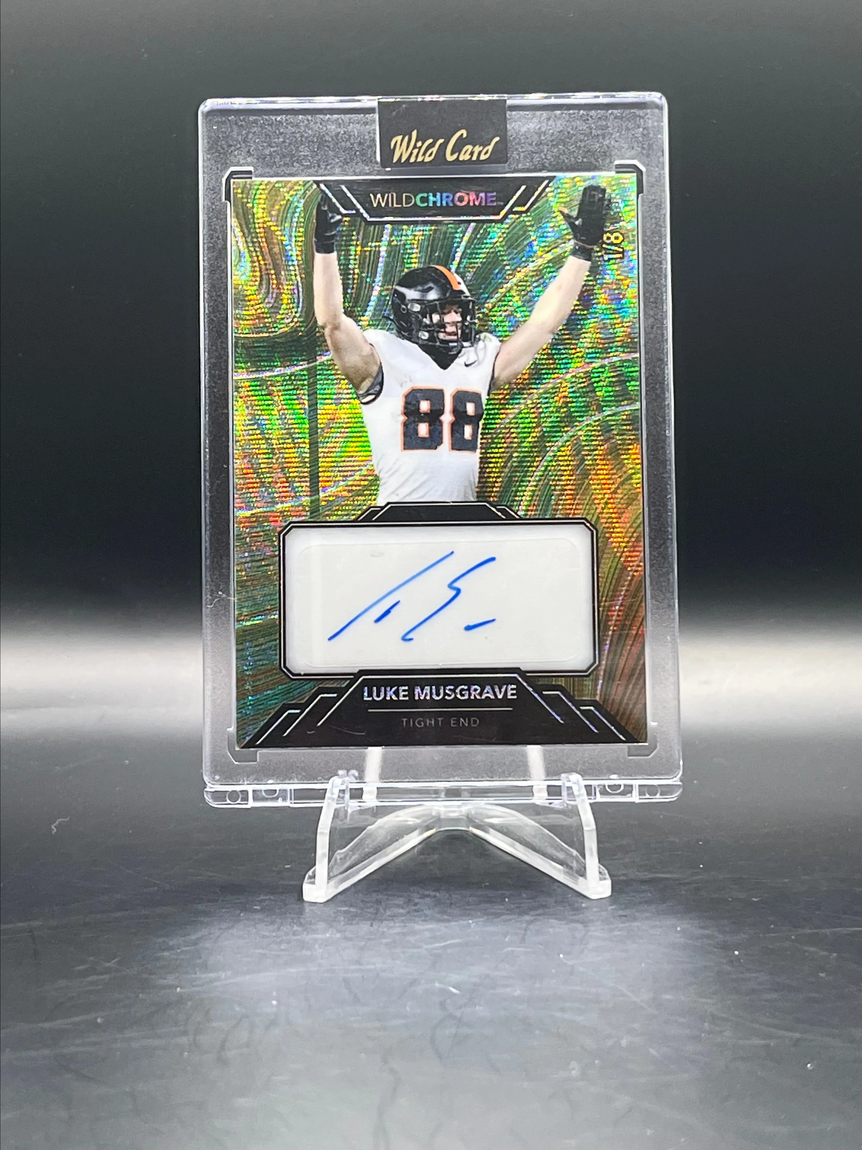 Product image for 1/8 Luke Musgrave Oregon St / Packers TE 2023 Wild Card WildChrome WildRibbon Auto Teal Wave Holo