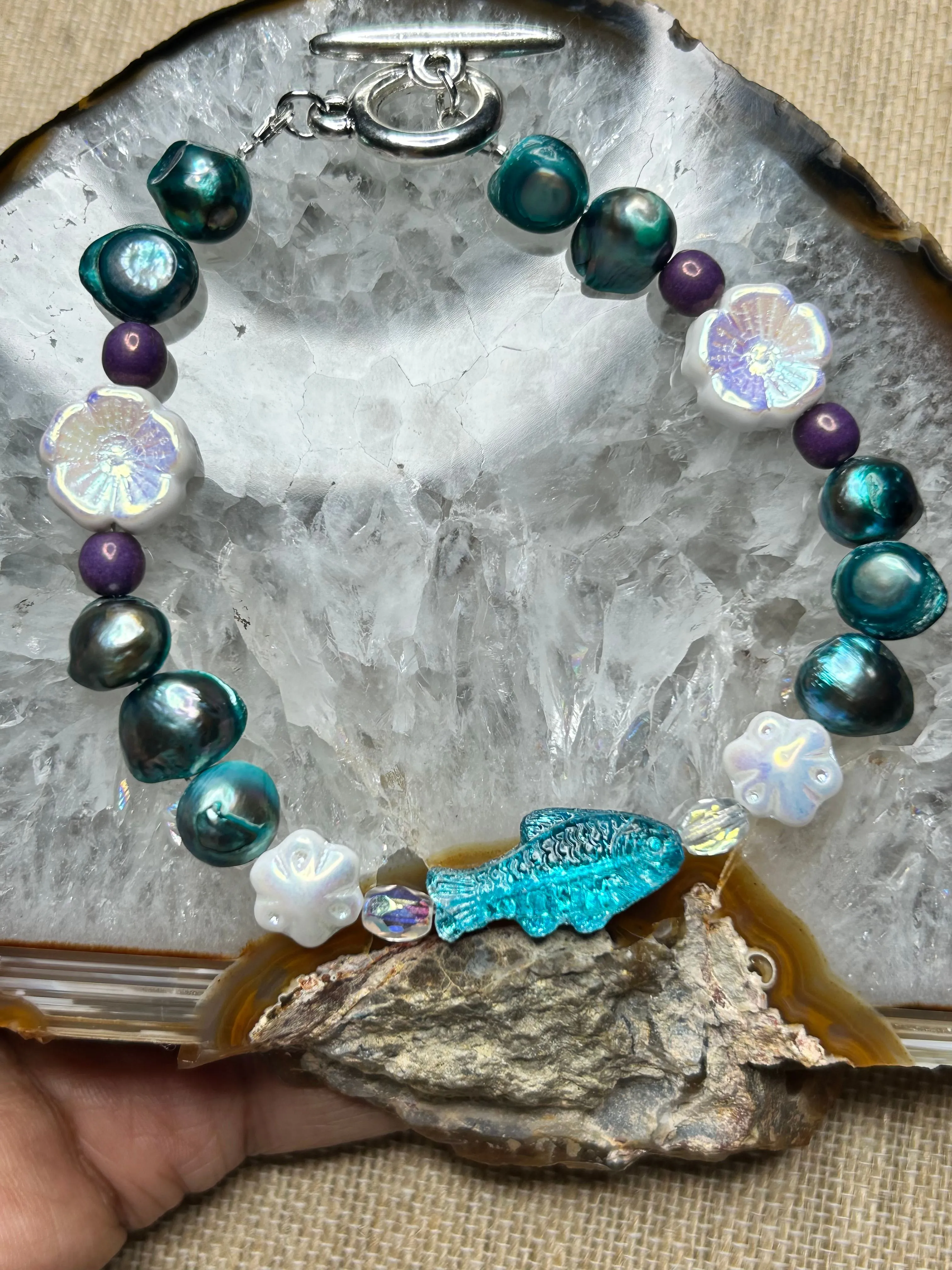 Product image for Teal Freshwater pearl and White Czech Bracelet