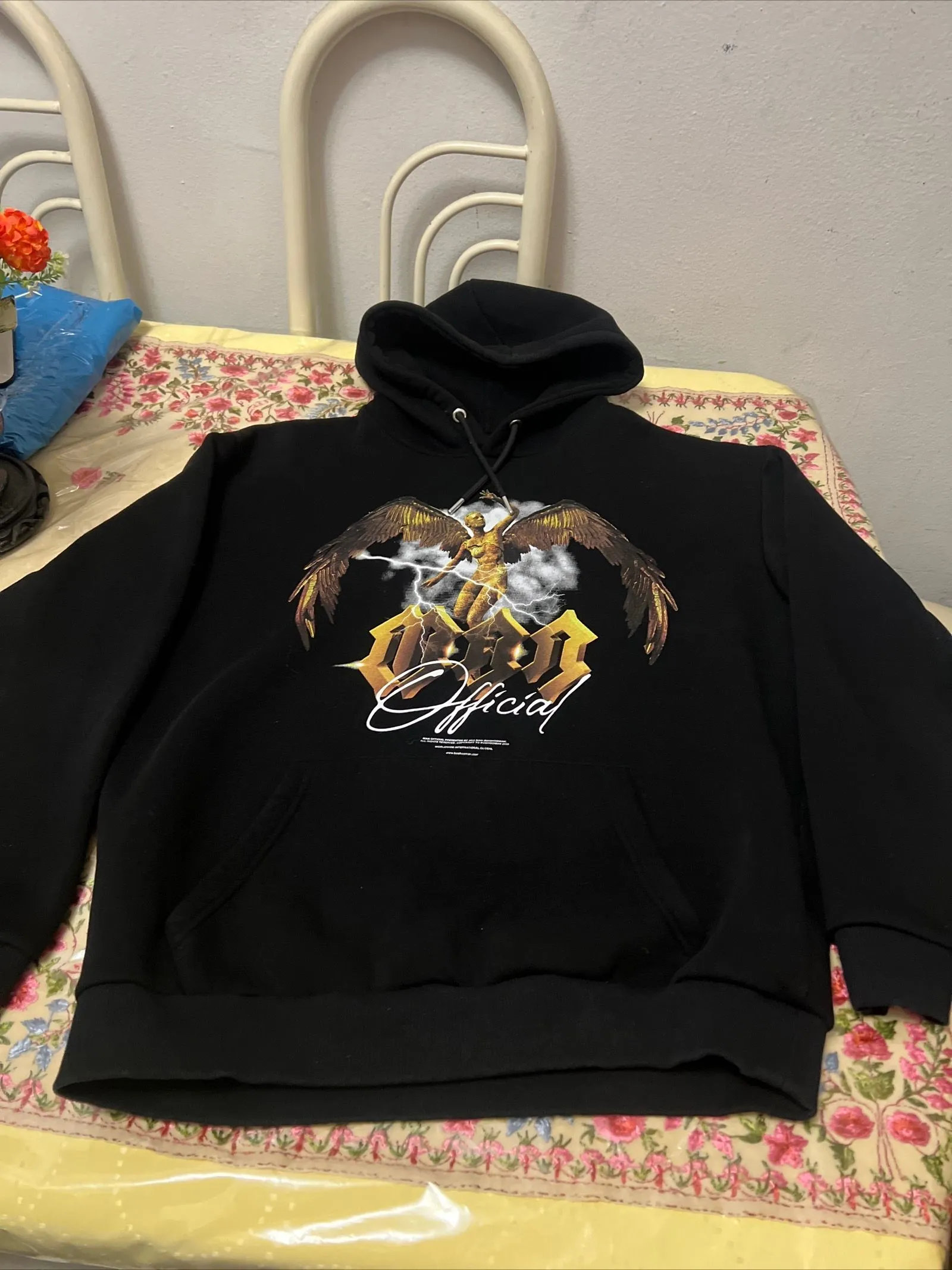 Product image for Boohoo man oversized print black hoodie mens Sz medium