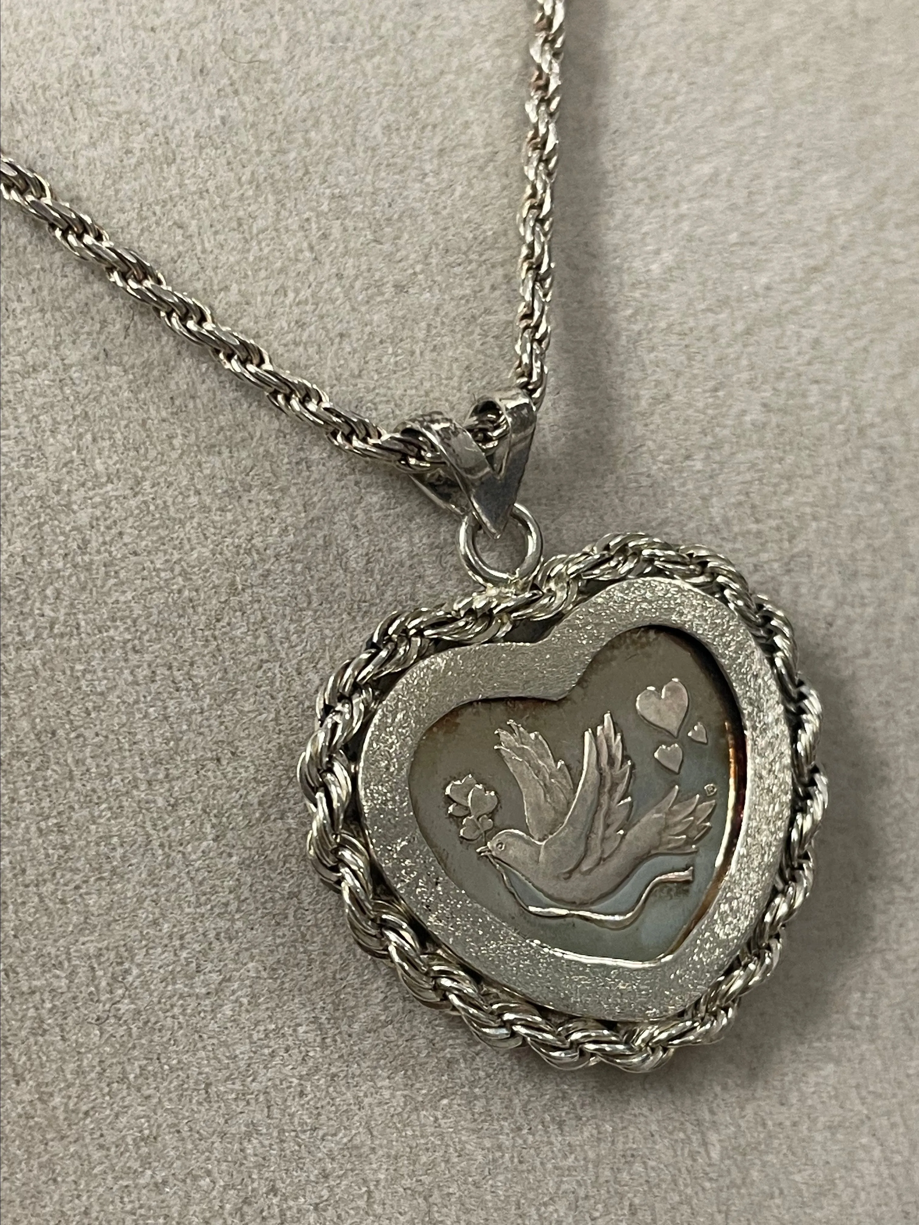 Product image for Vtg Sterling Silver Dove Heart Love .999 Coin Pendant on Rope Chain Necklace 19”