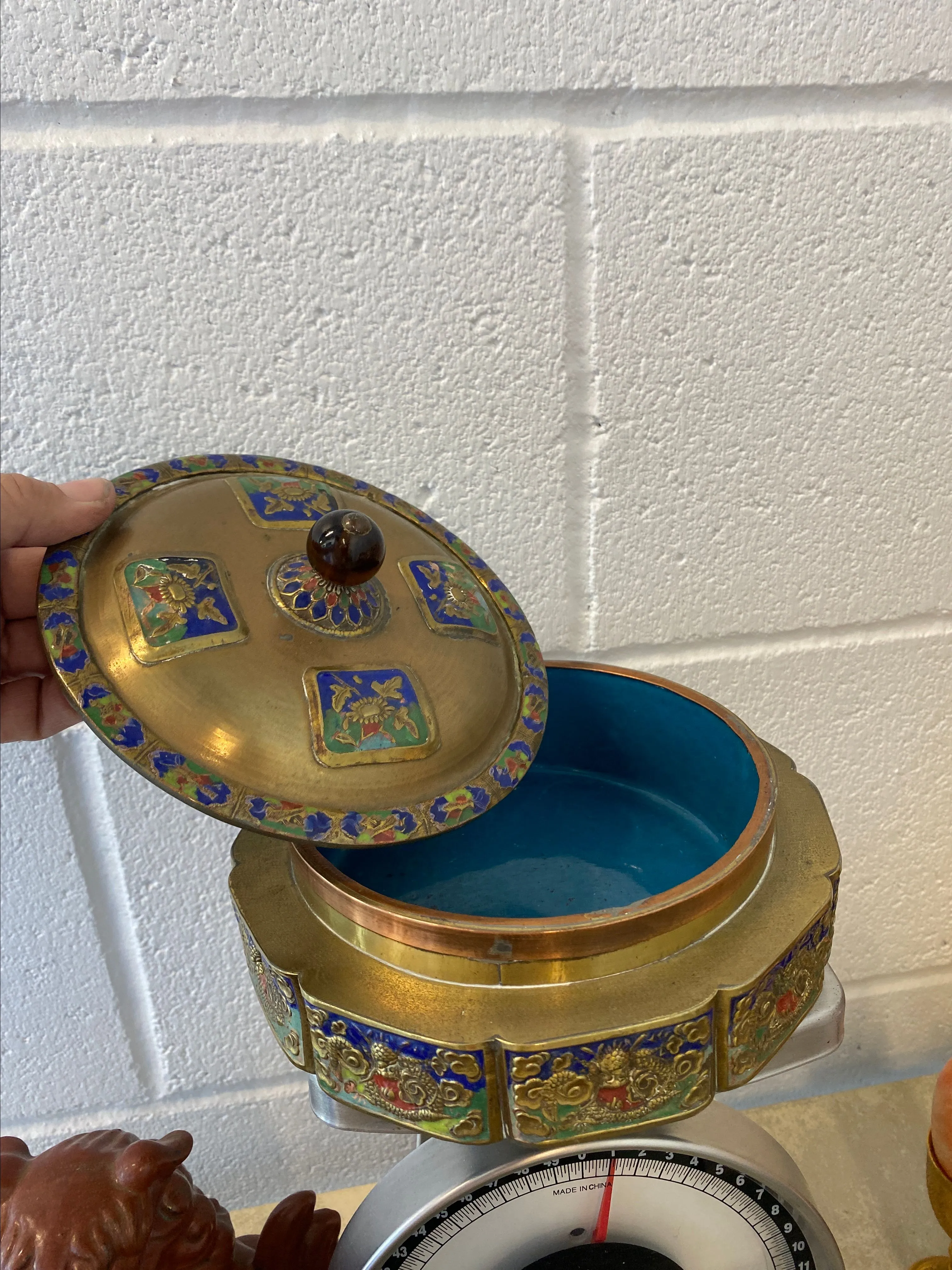 Product image for Brass cloisonné large box glass finial blue interior copper China did I say huge trinket jewelry box