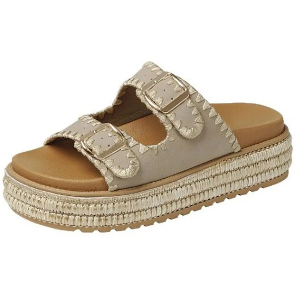 Product image for Raffia Stitch Buckle Platform Sandal - Taupe