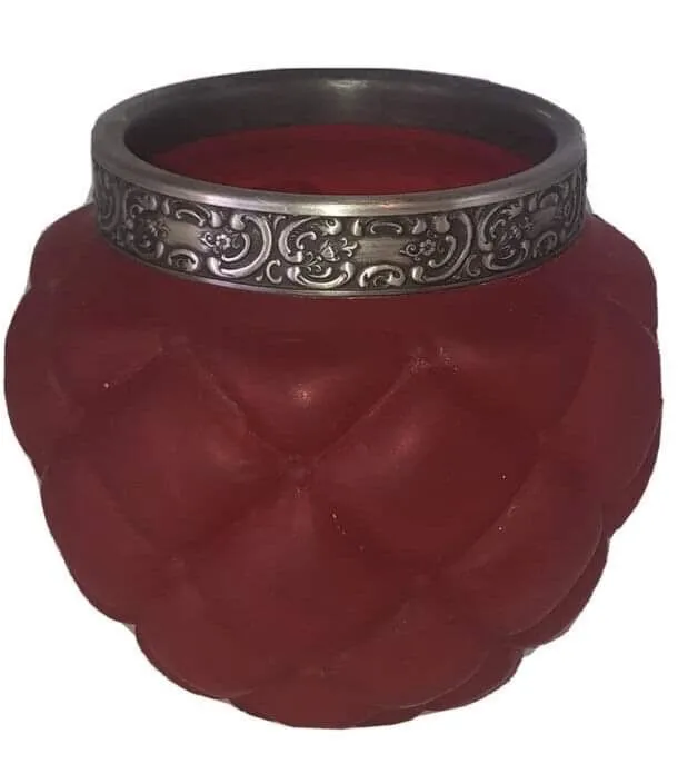 Product image for Vintage red consolidated quilted satin art glass vase with metal rim