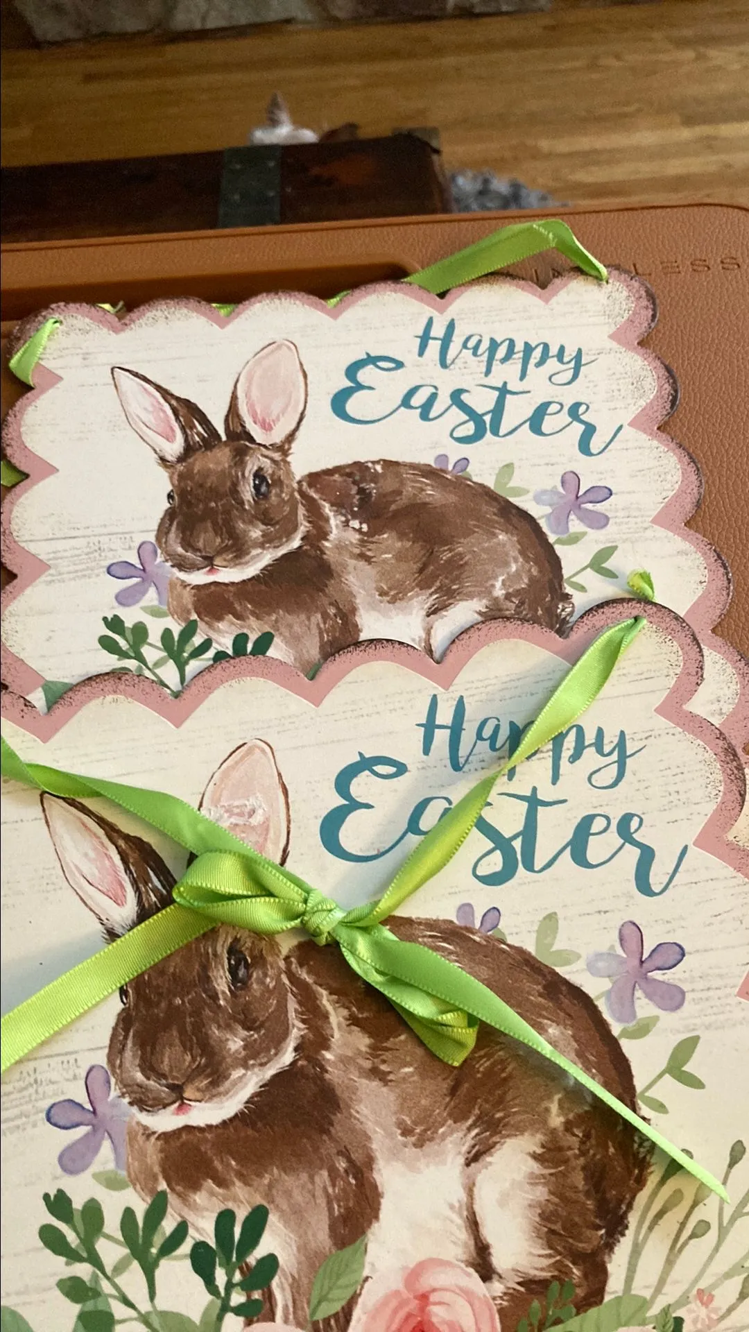 Product image for Easter sign- scalloped edges 8" x 8" ribbon for hanging- pink rabbit and flowers- Happy Easter