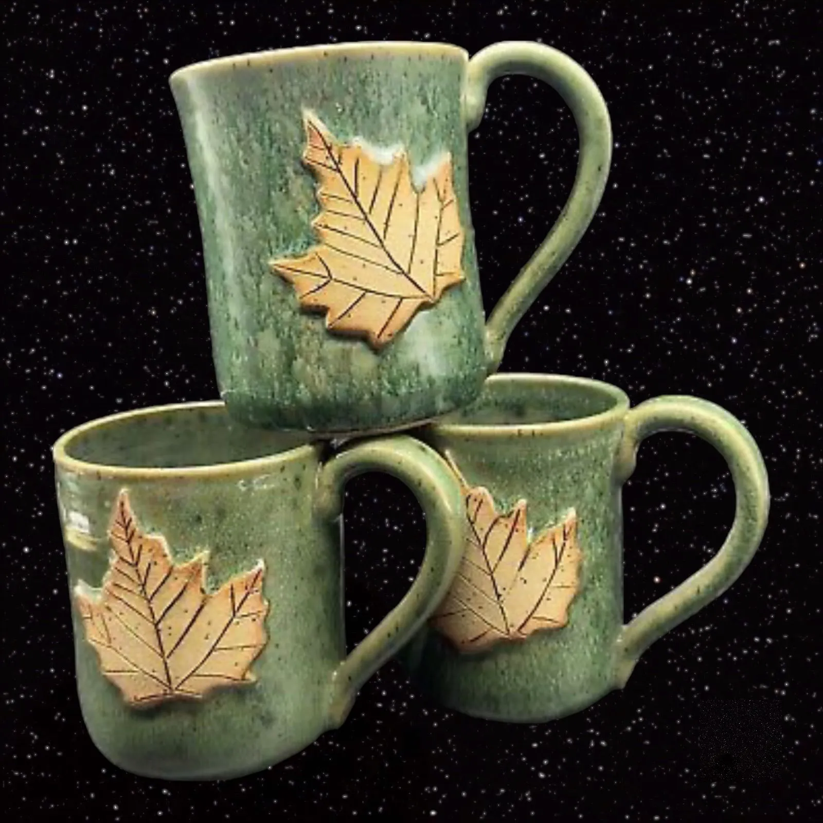 Product image for Studio Art Potttery Coffee Mug Cup Set 3 W Mapple Leafs Green Glazed Signed BEST