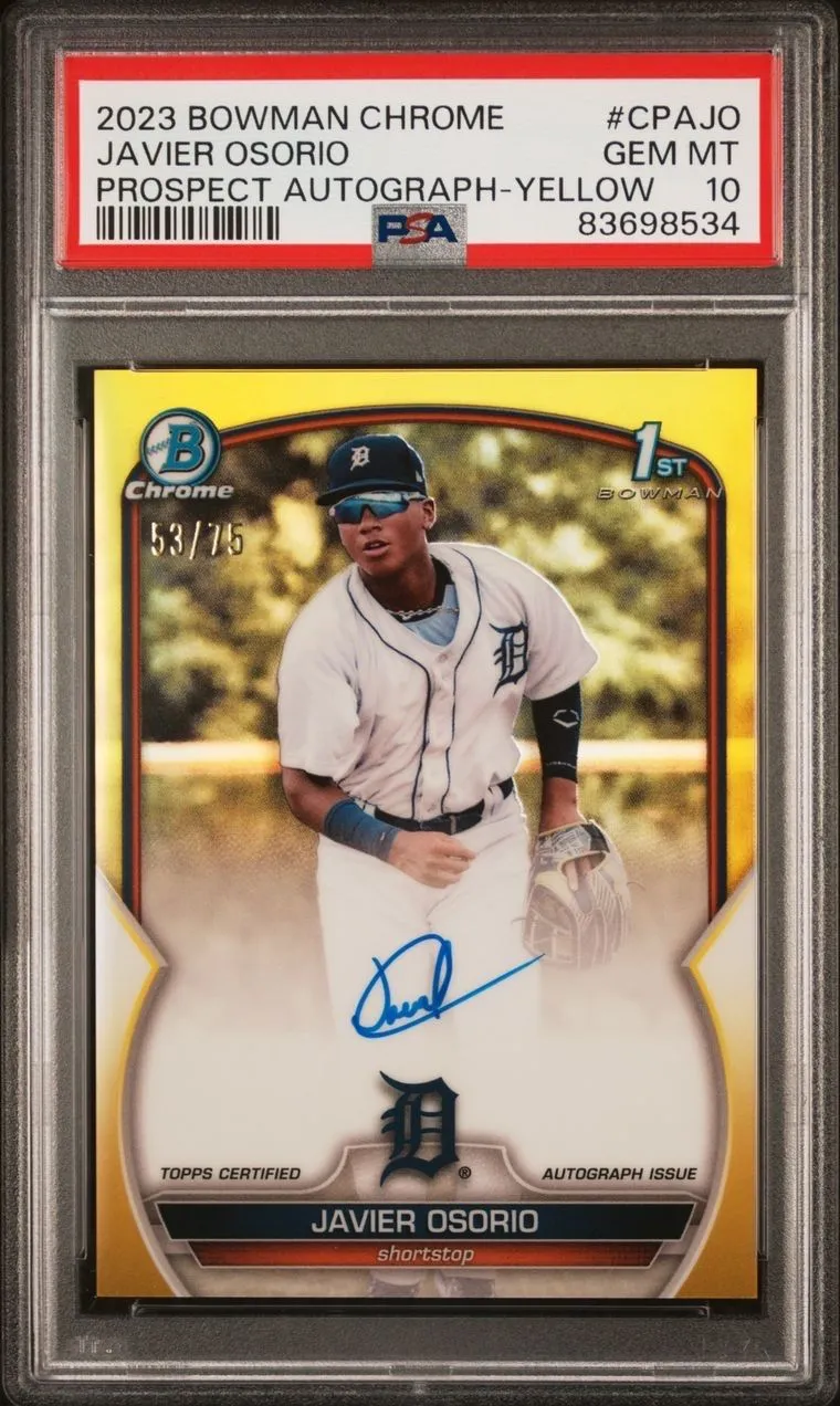 Product image for 2023 Bowman Chrome Javier Osorio Prospect Autograph Yellow /75 PSA GEM MT 10