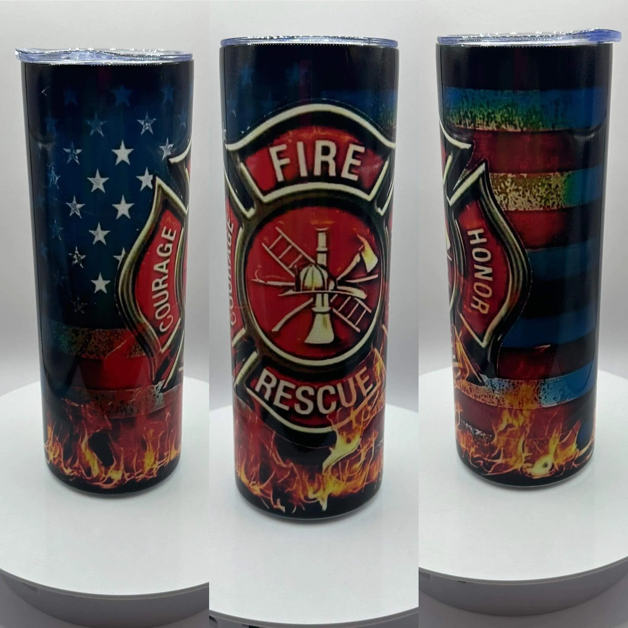 Product image for Firefighter with Flames and American Flag 20oz Tumbler