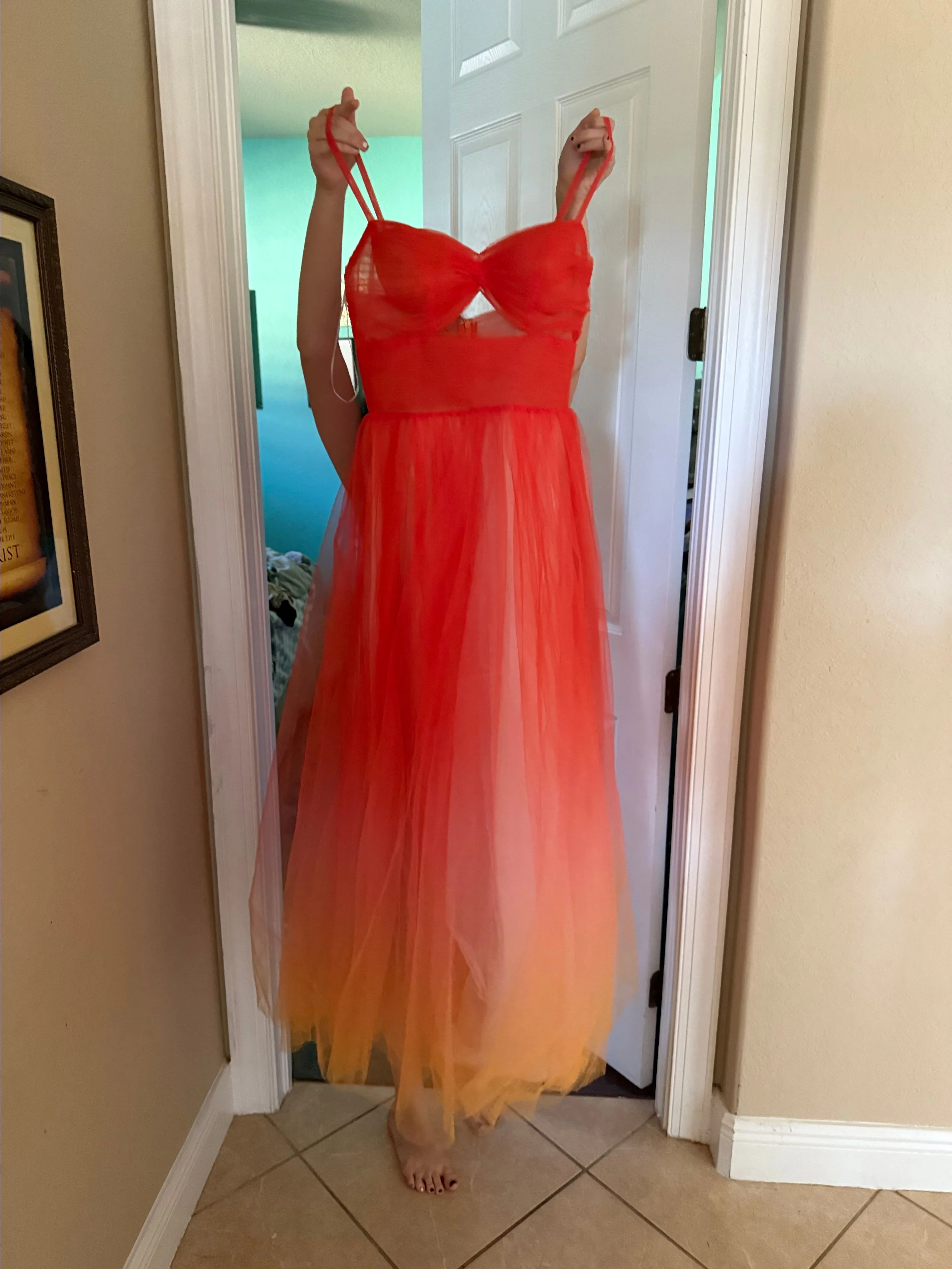 Product image for Mac DUGGAL Vibrant Orange and Yellow Tulle Dress die 2 brand new