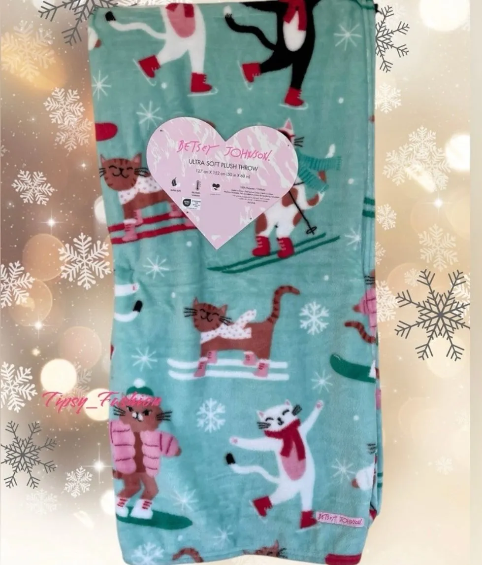 Product image for Betsey Johnson Christmas Cats Kittens Oversized Throw Blanket New